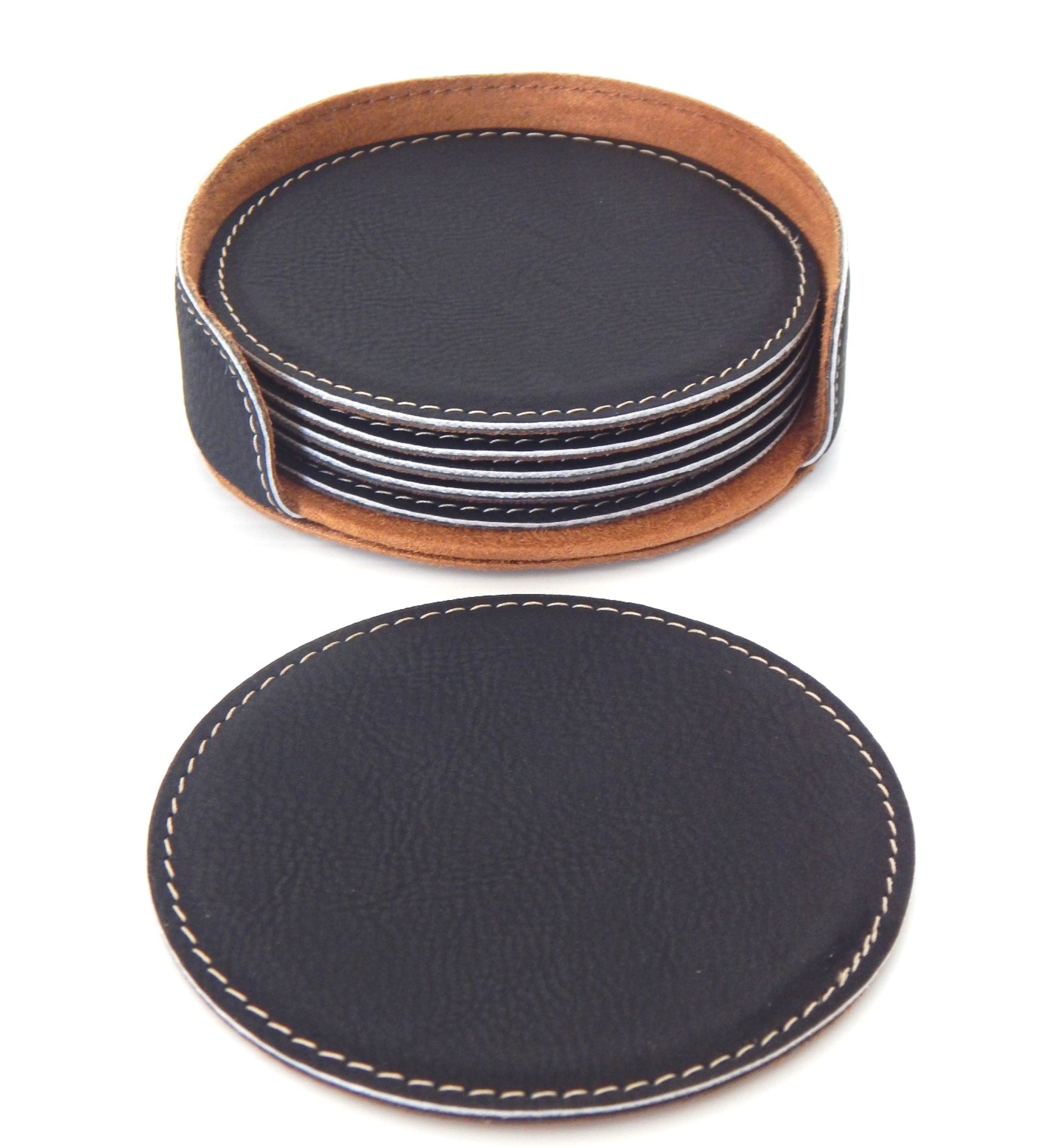 Personalized Coasters with Holder | Engraved Anniversary Gift | Custom Leather Coaster