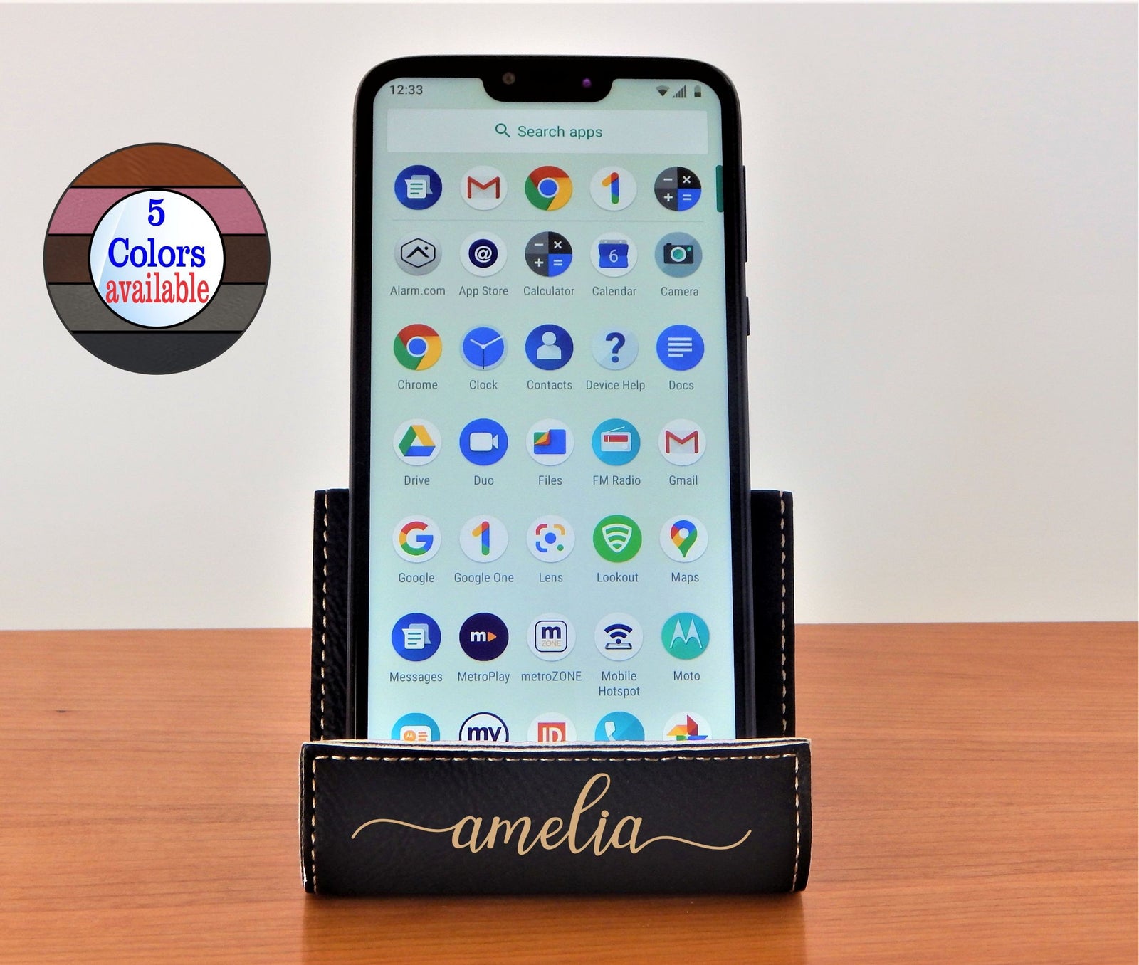Personalized leather cell phone holder for desk