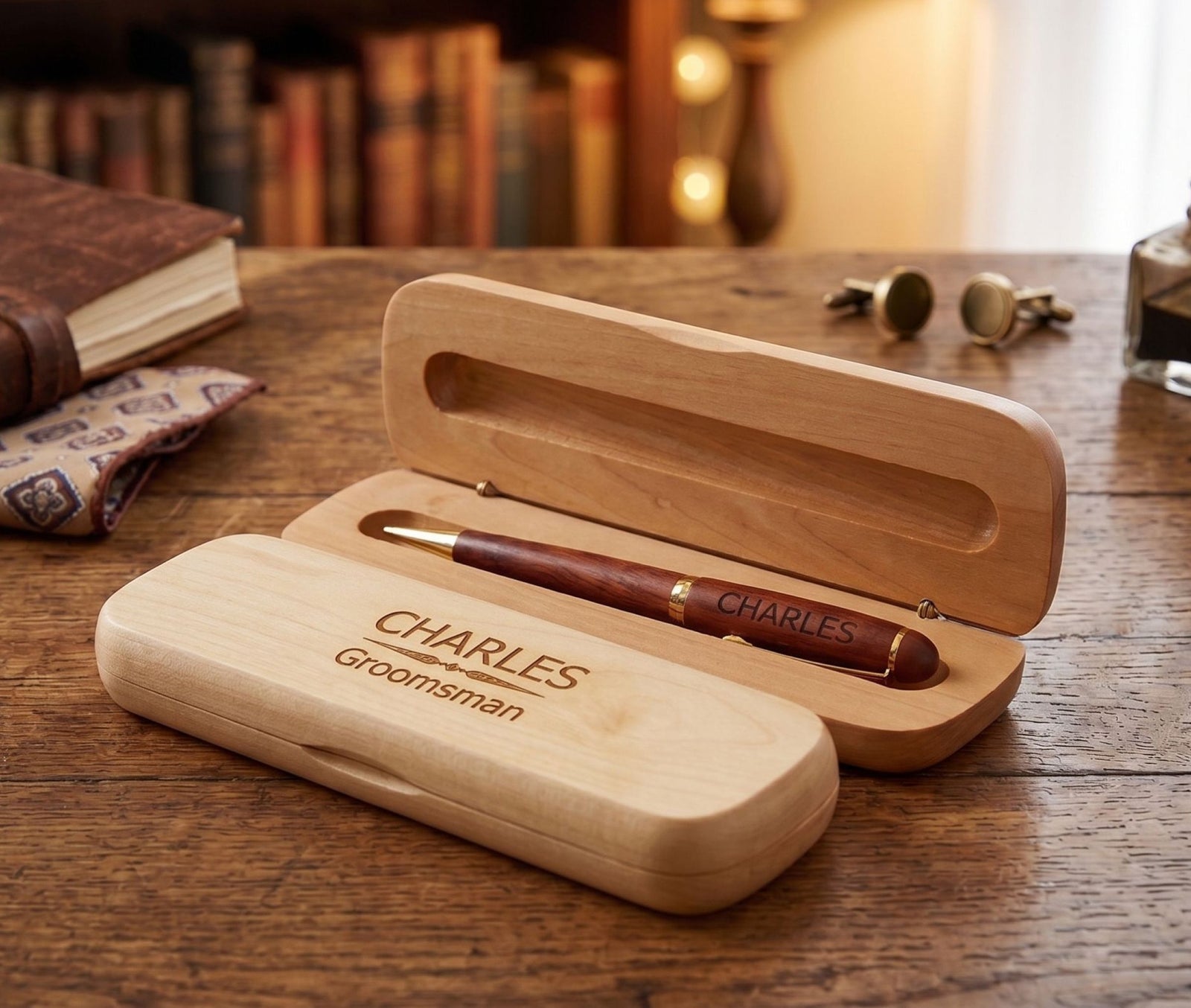 A personalized wooden groomsman case set on a rustic wooden table, with a matching wooden pen resting inside the open case. The cases are engraved with the name 'CHARLES Groomsman', and the pen has 'CHARLES' on the barrel with gold accents.