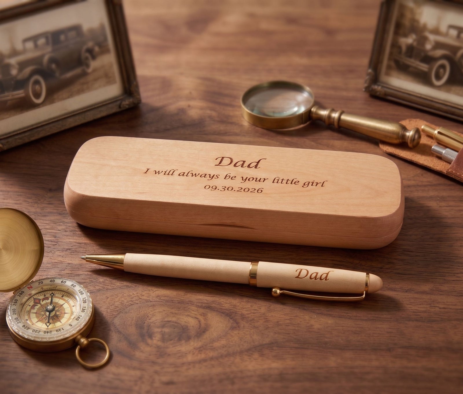 A personalized wooden keepsake box engraved with 'Dad I will always be your little girl 09.30.