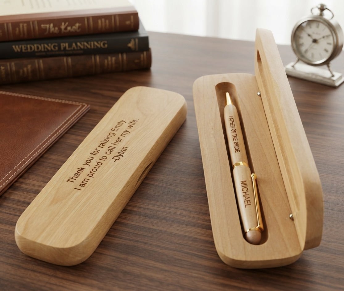 A personalized wooden pen gift set on a dark wood desk, featuring an engraved light wood box with a gold pen inside.