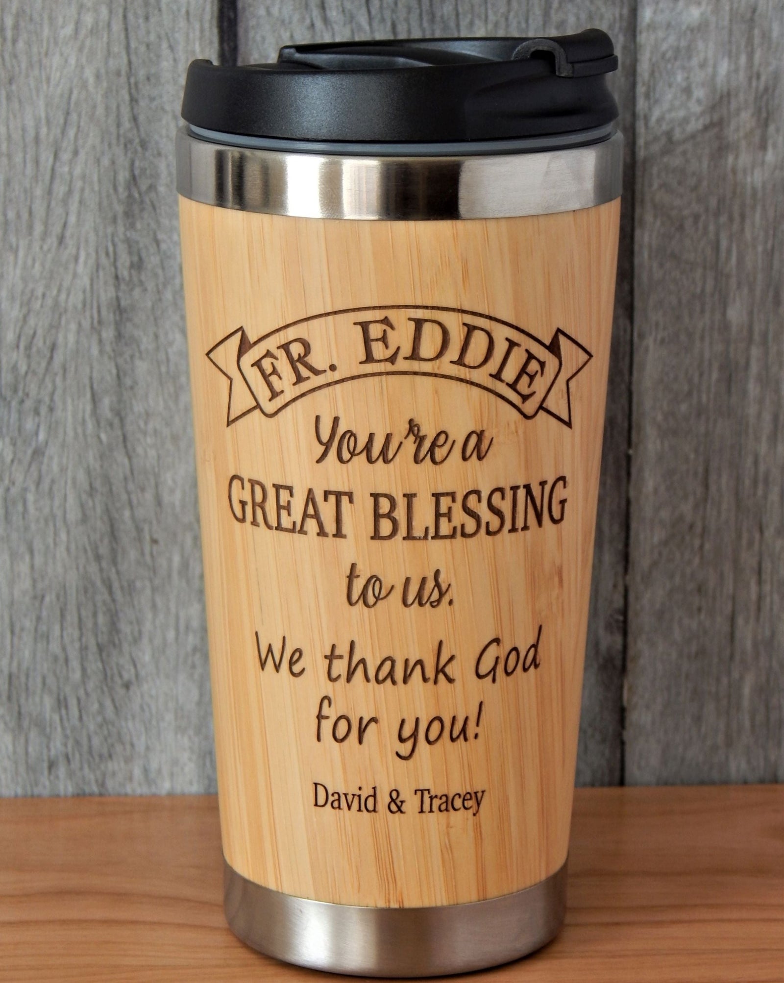 Personalized Catholic Priest Gift Engraved Bamboo Travel Mug