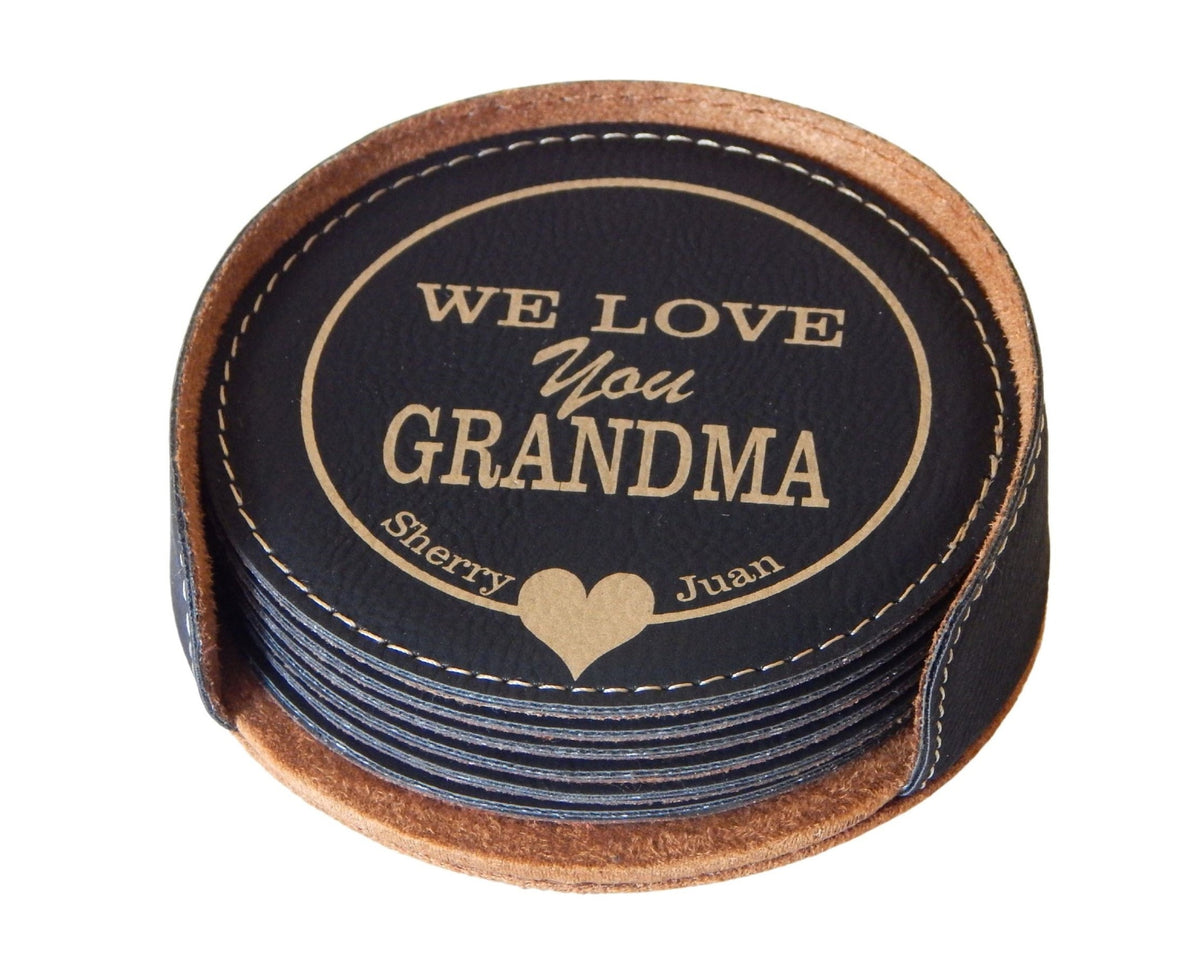 Personalized Grandma  Gift | Mother&#39;s Day Leather Coasters | Black Coaster Set of 6
