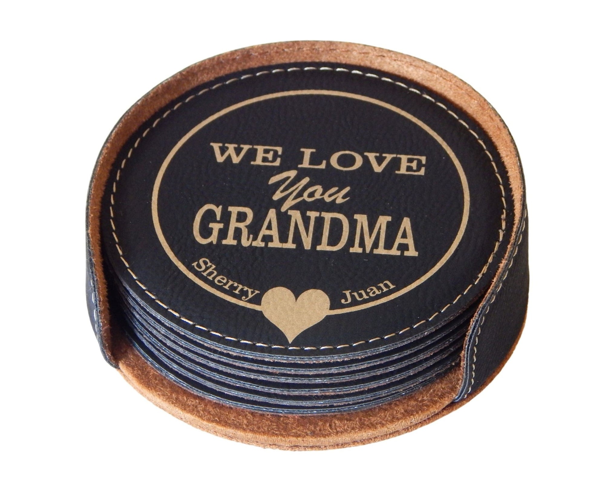 Personalized Grandma  Gift | Mother's Day Leather Coasters | Black Coaster Set of 6
