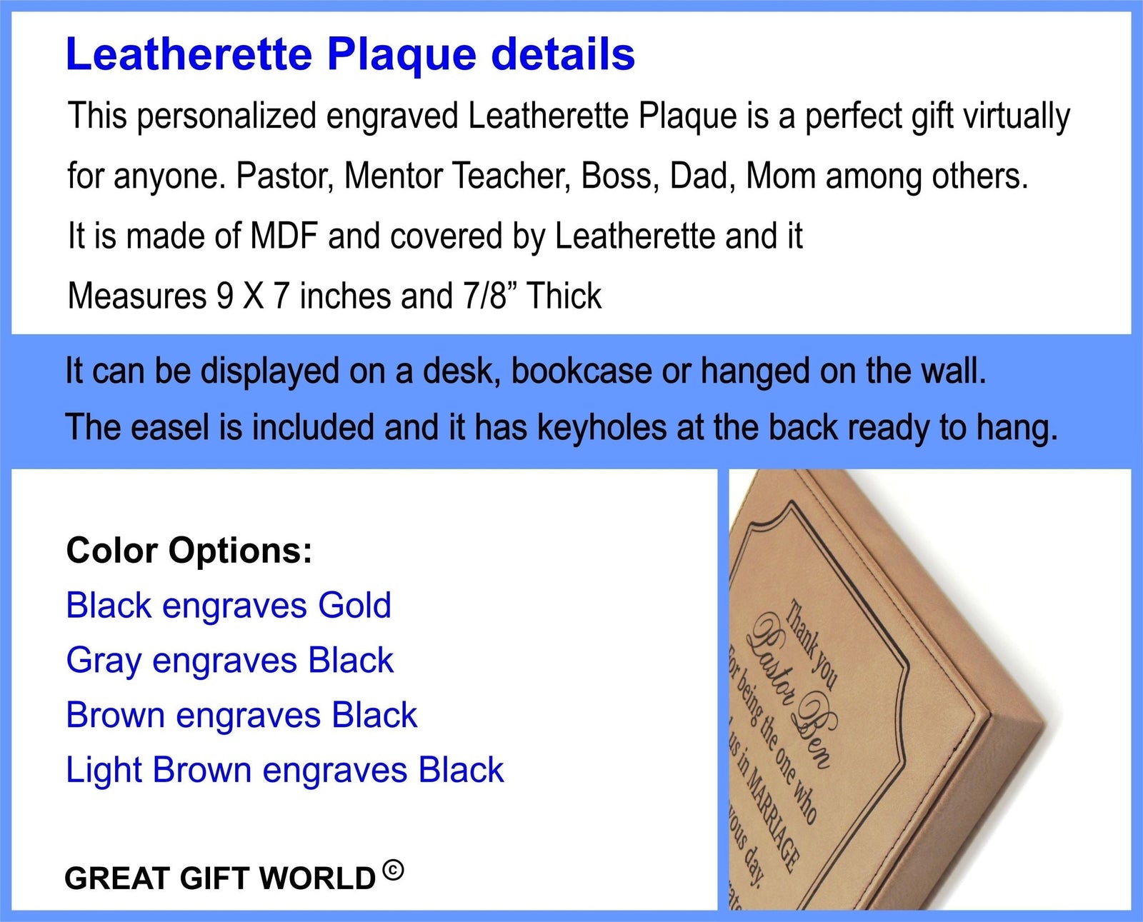 Personalized Leather Plaque Gift for Pastor: Engraved Priest Sign