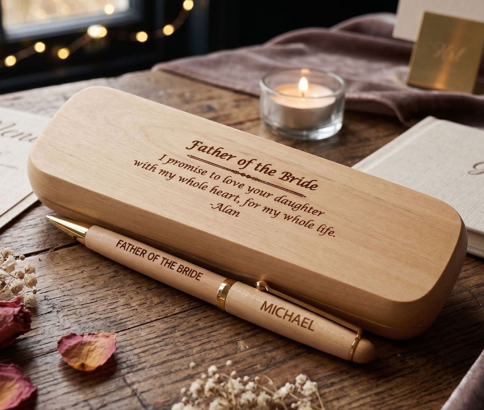 A personalized wooden pen and matching wooden case engraved with 'Father of the Bride' and the name 'Michael', displayed on a rustic wooden table with a lit candle, dried flowers, and a book in the background.