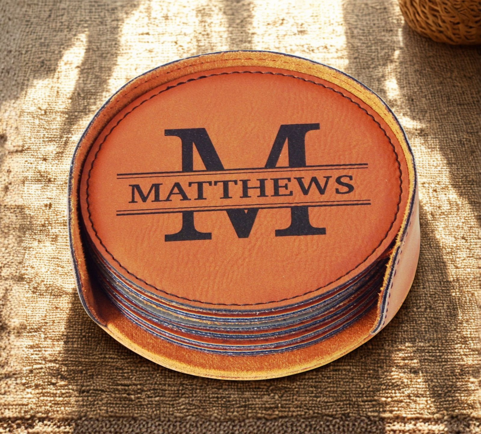 Engraved Leather Coasters with holder | Custom Couple Home Gift, CAS017