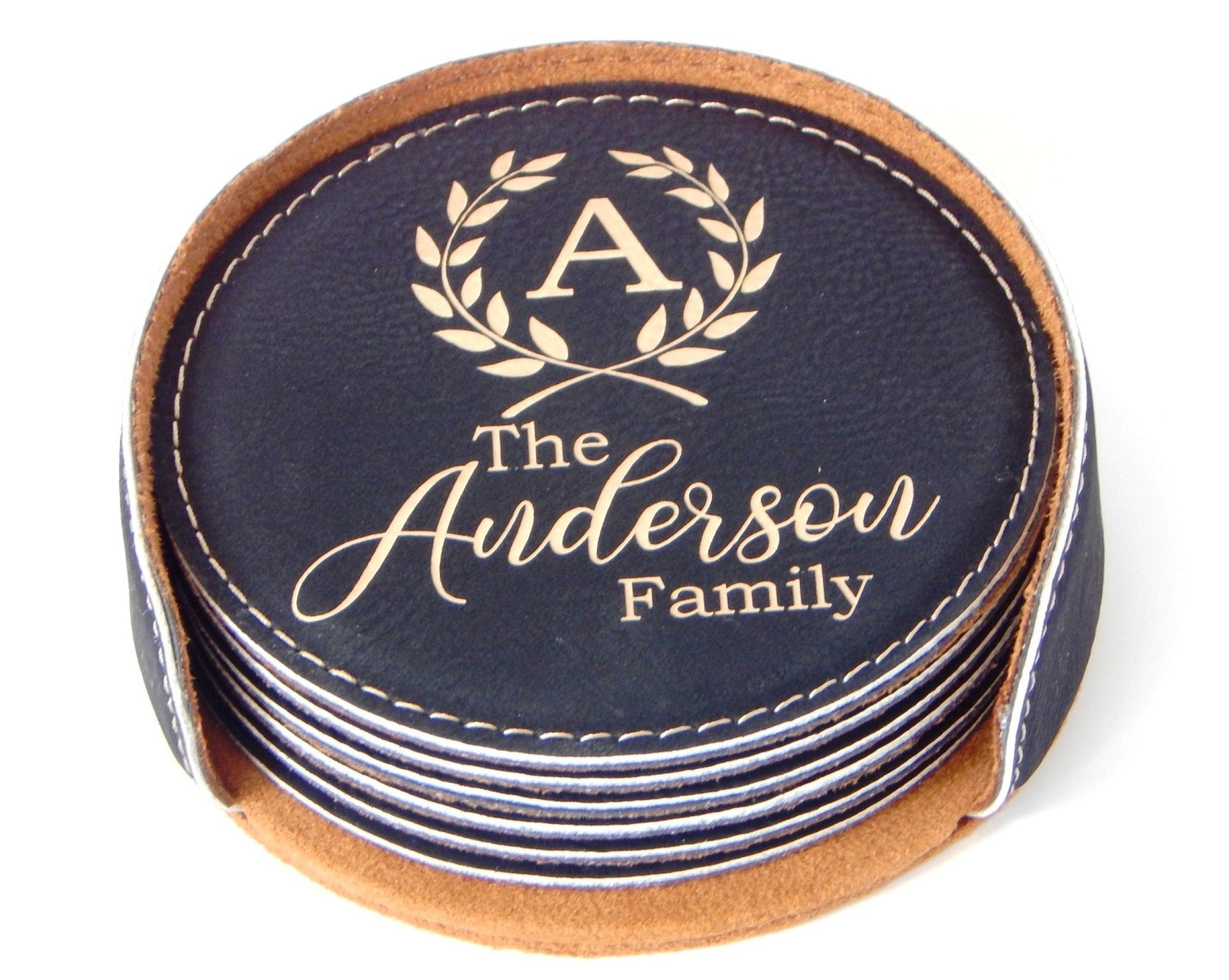 Personalized Coasters with Holder | Engraved Anniversary Gift | Custom Leather Coaster