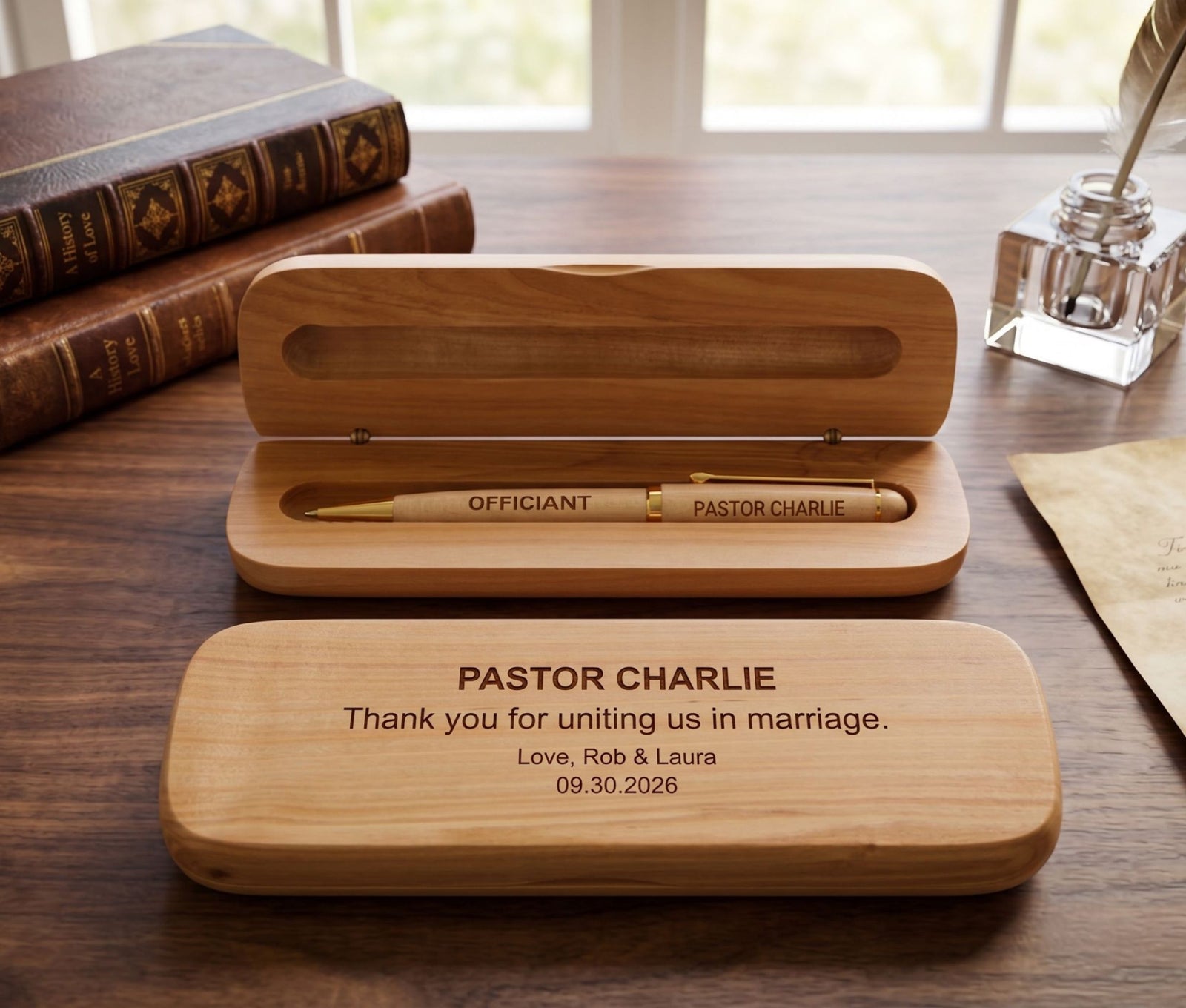 Personalized wooden wedding keepsake box set on a wooden desk, featuring an open box with a gold pen inside and a closed lid engraved with 'PASTOR CHARLIE Thank you for uniting us in marriage. Love, Rob & Laura 09.