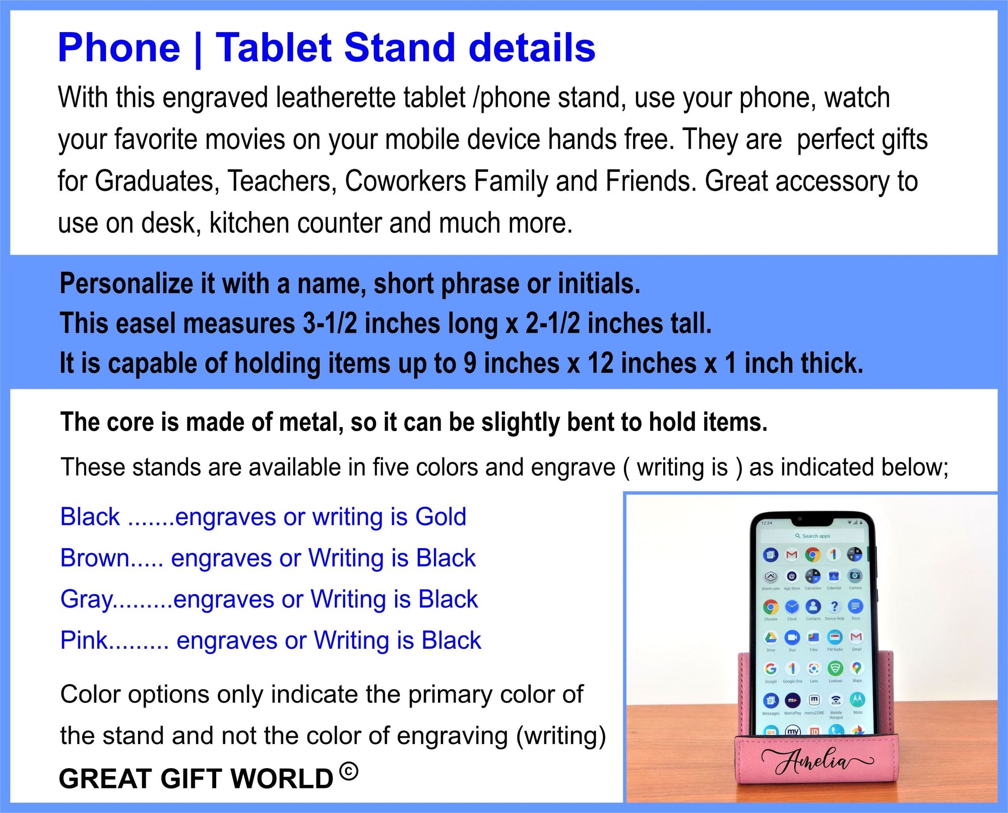 Smart Phone iPad iPhone Stand for Desk |Tablet Holder | Personalized Cell Phone Easel