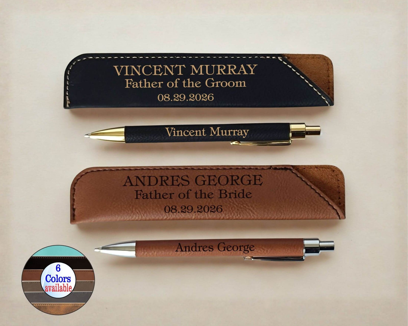 Two personalized leather pen cases and matching pens on a light beige background. The top set is black with gold trim and gold lettering, and the bottom set is brown with silver trim and silver lettering.