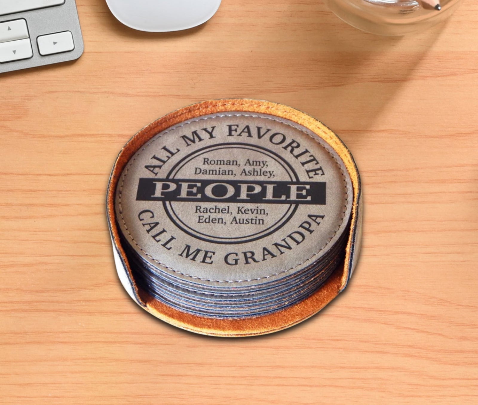 Personalized engraved leather coasters gift for grandpa