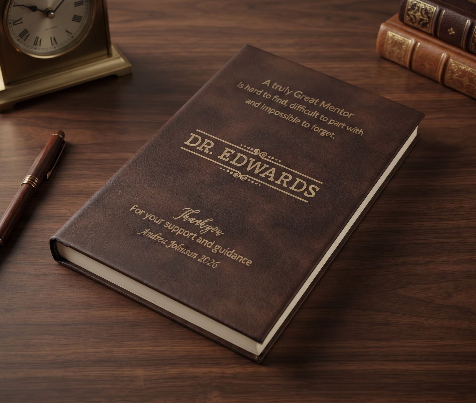 A personalized dark brown leather-bound book with gold foil engraving reading 'DR. EDWARDS' and a memorial message, displayed on a wooden desk next to a clock, pen, and old books.
