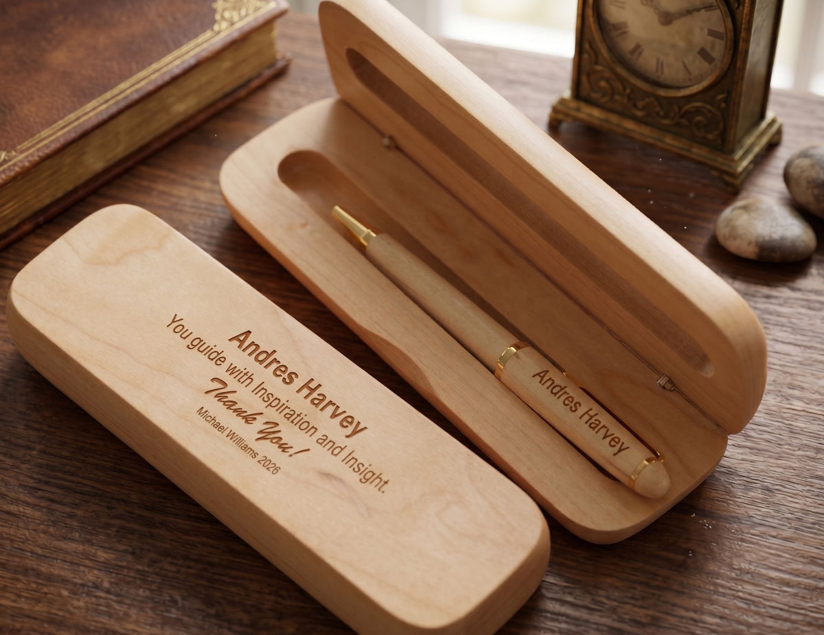 Personalized wooden pen and matching wooden case set on a wooden table, with engraved text reading 'Andres Harvey' and a thank you message. A vintage clock and stones are softly blurred in the background.