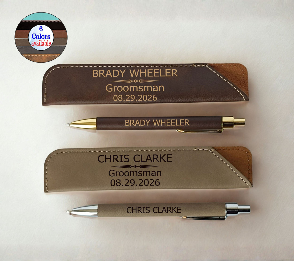 Two personalized leather pen cases with matching engraved pens displayed on a light background. The top set is rustic leather with gold text, and the bottom set is tan leather with coffee brown name.