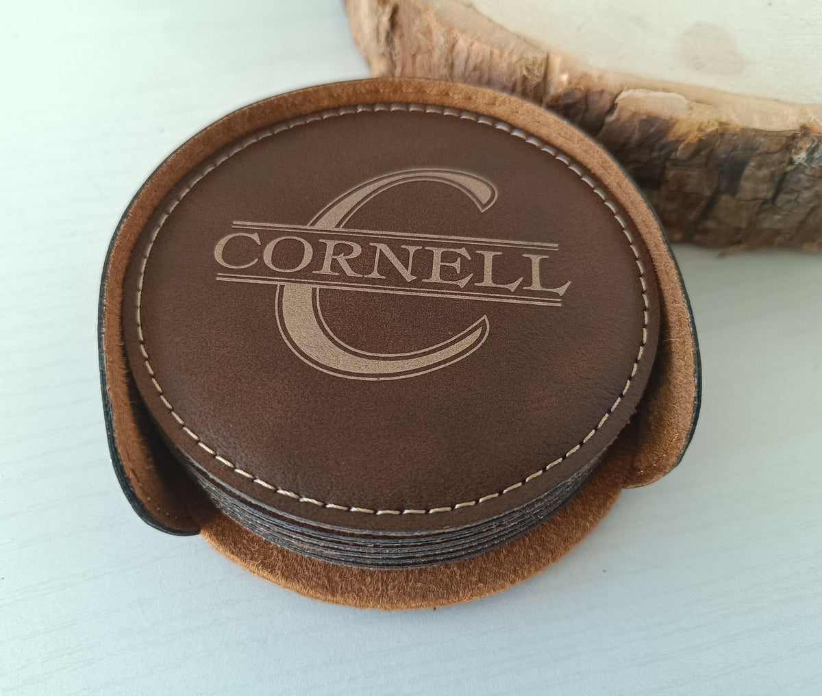 Engraved Leather Coasters with holder | Custom Couple Home Gift, CAS017