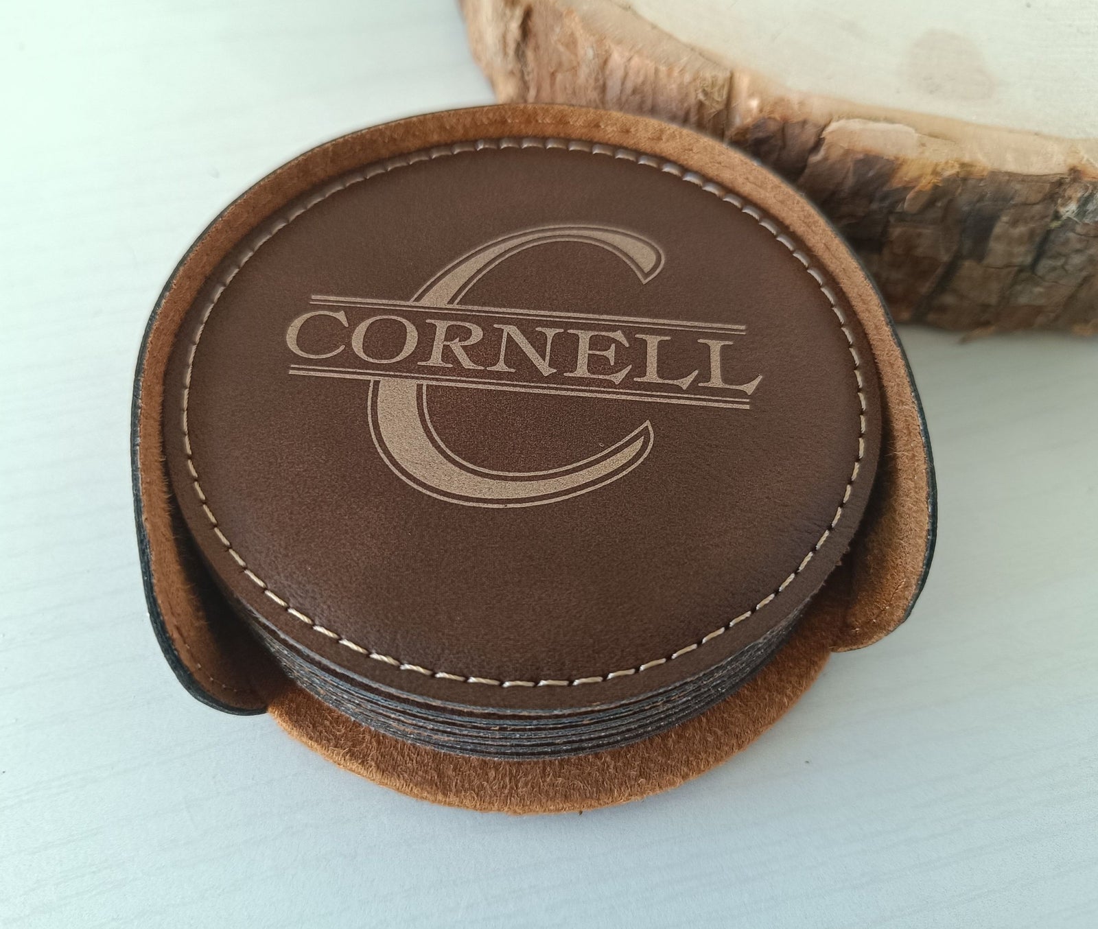Engraved Leather Coasters with holder | Custom Couple Home Gift, CAS017