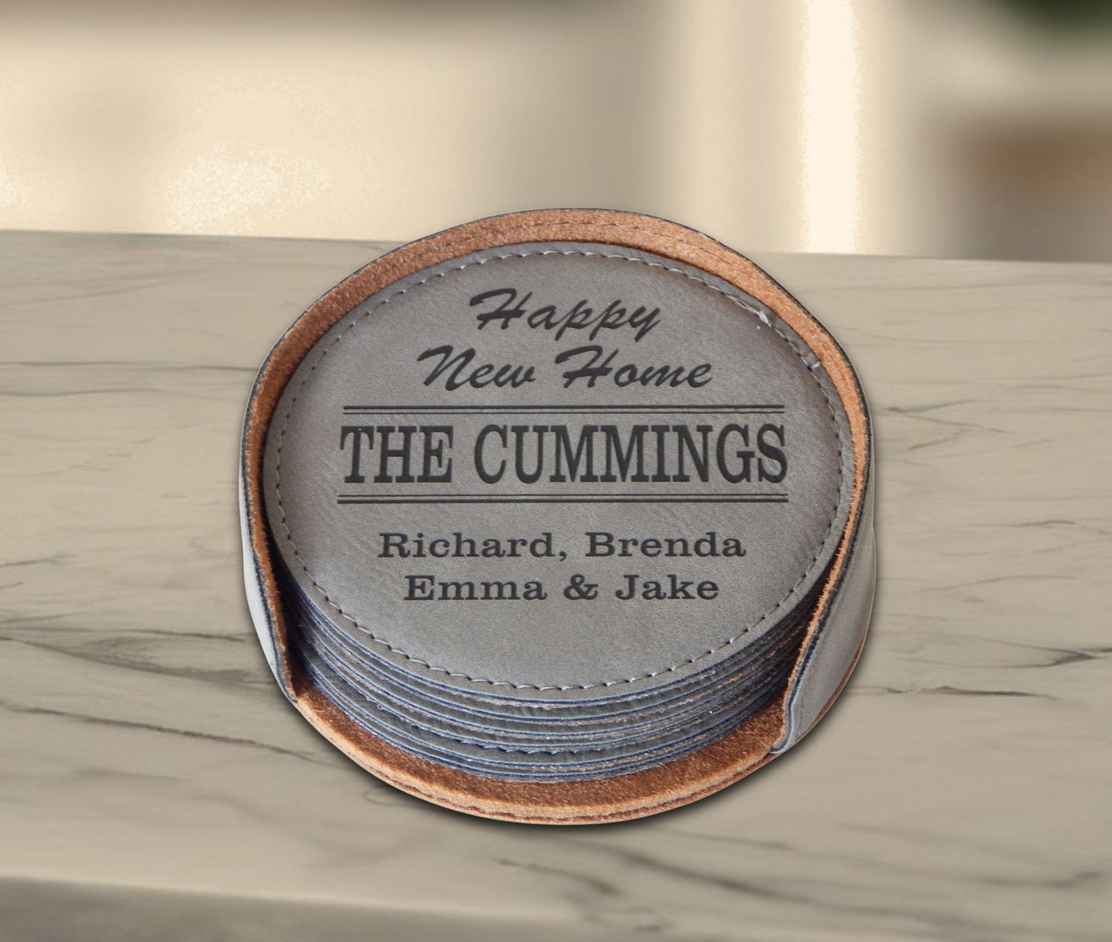 Personalized engraved leather coasters for family