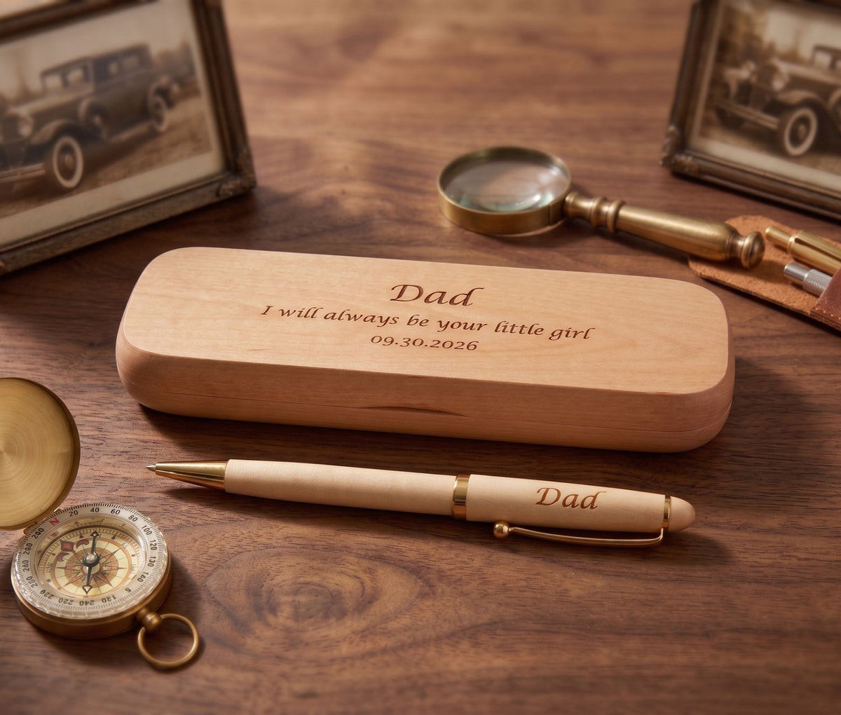 A personalized wooden keepsake box engraved with 'Dad I will always be your little girl 09.30.