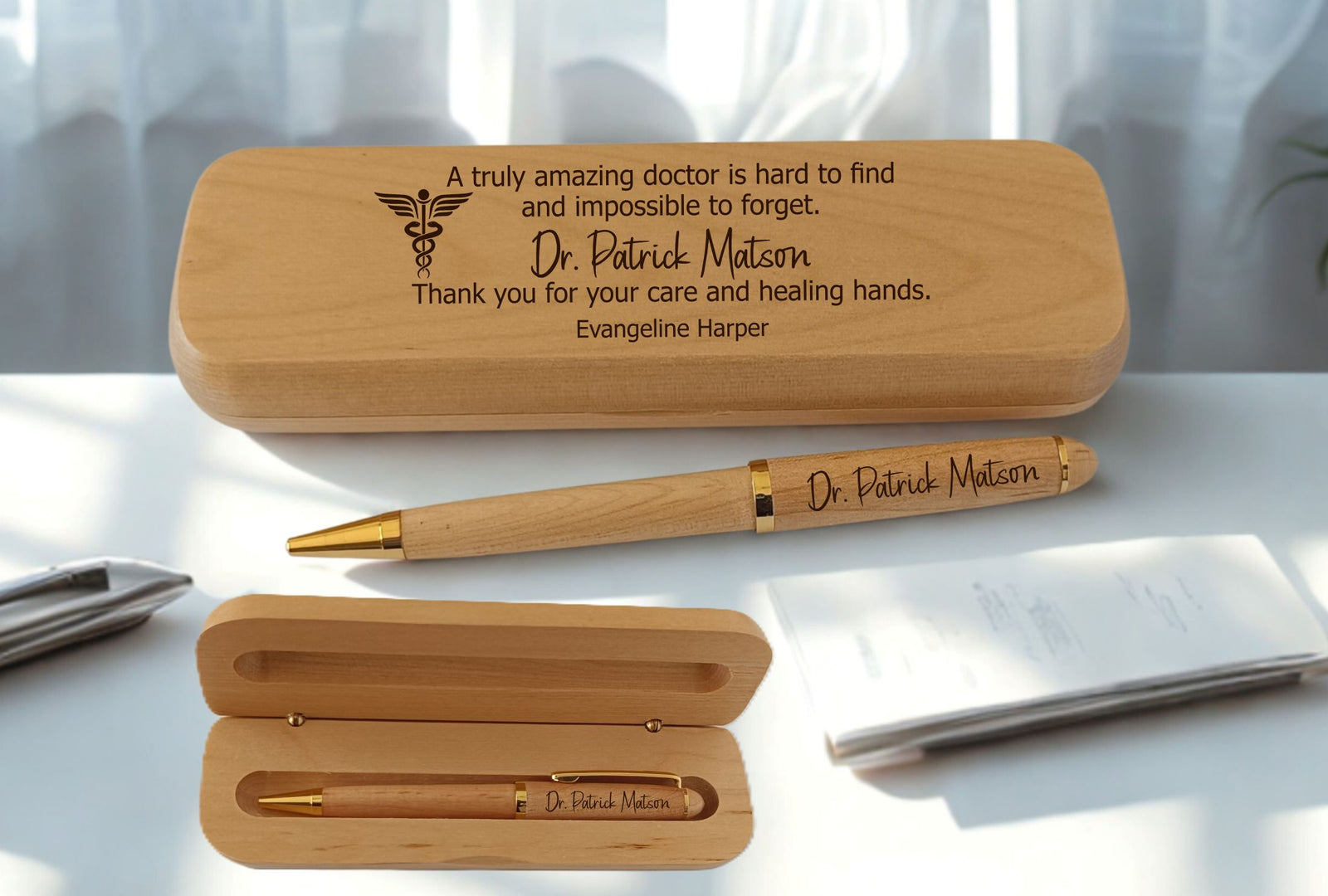 Custom engraved maple wood pen and matching wooden case personalized for a doctor, featuring a caduceus symbol and heartfelt doctor appreciation inscription — premium medical doctor gift set
