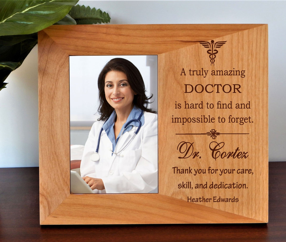 A personalized wooden engraved picture frame gift for medical doctor or vet tech 