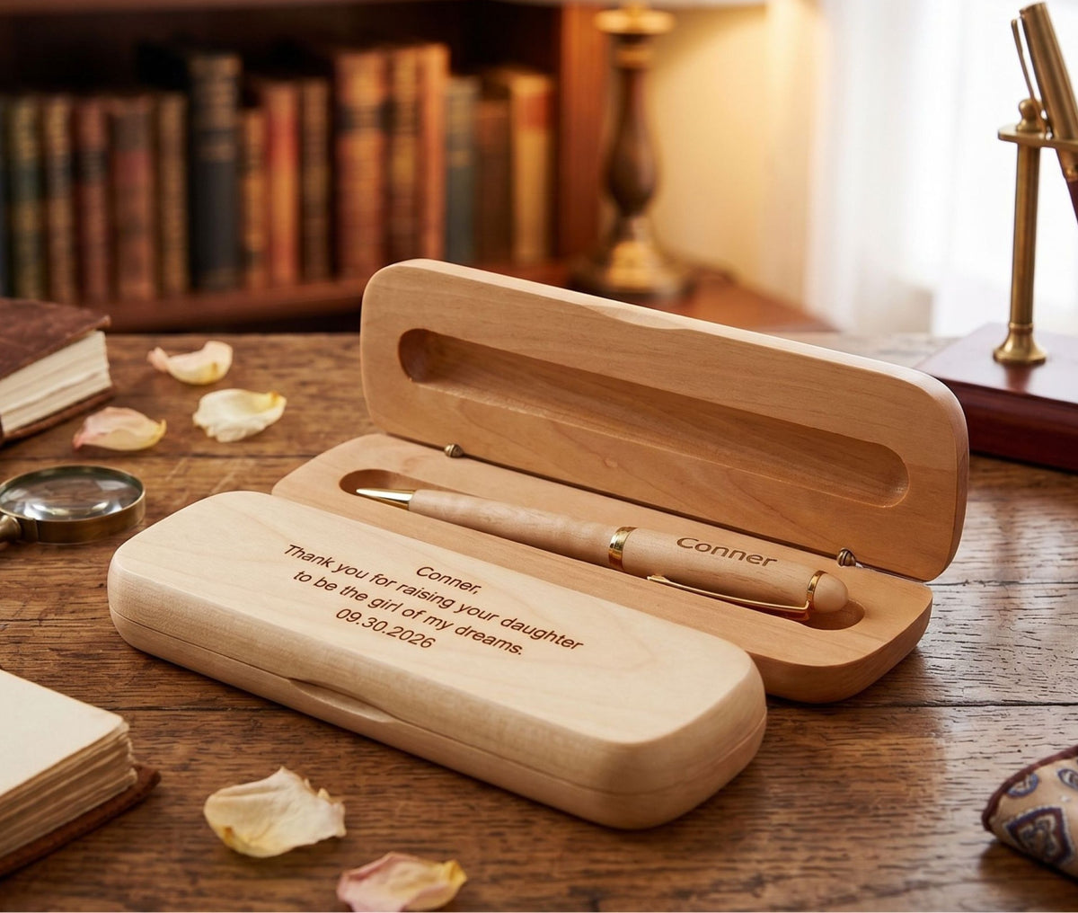A personalized wooden keepsake box set on a wooden desk, featuring an open case with a pen inside and a matching closed case engraved with a message. The scene is styled with vintage books, rose petals, and a magnifying glass in a warm, cozy library setting.