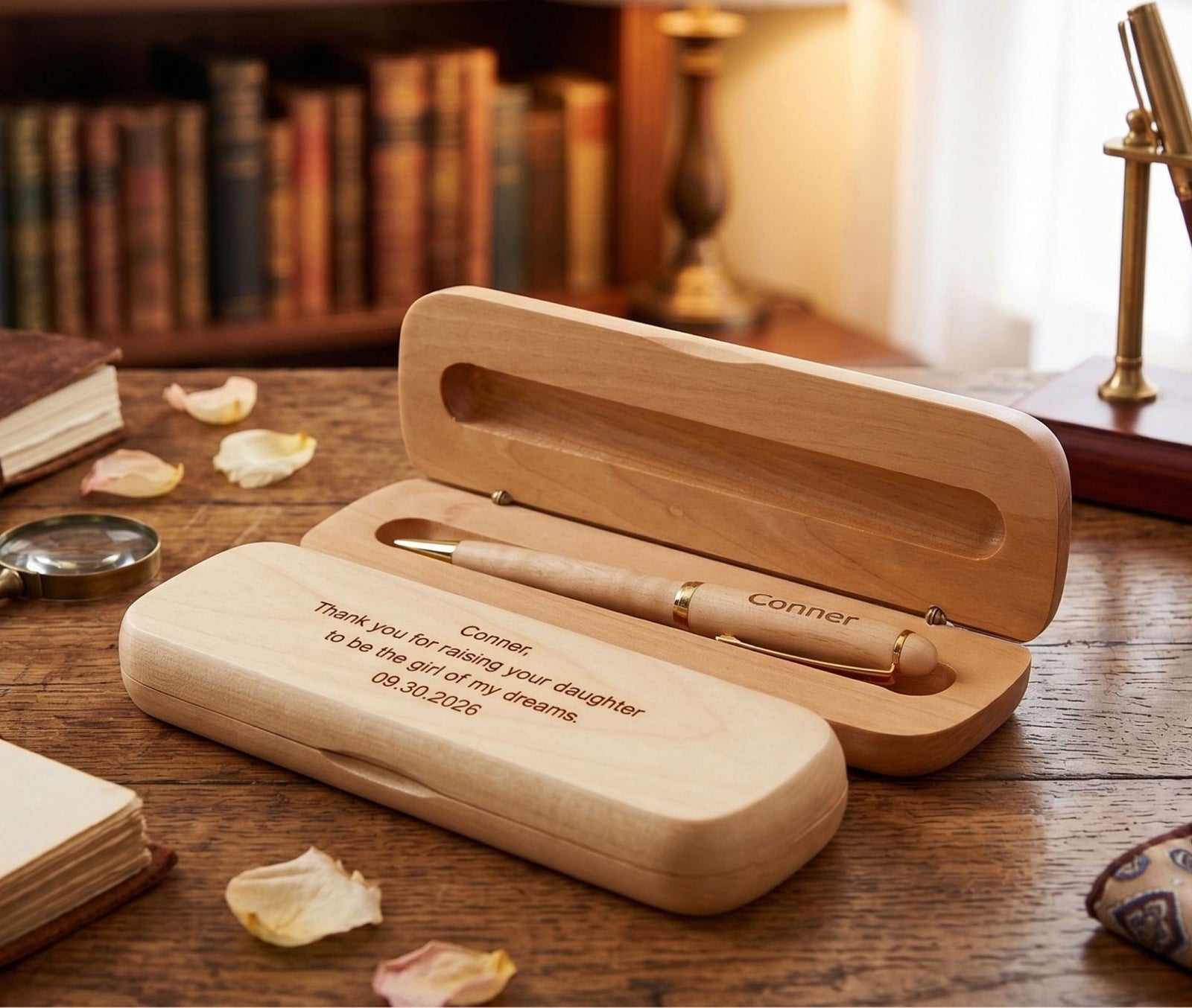 A personalized wooden keepsake box set on a wooden desk, featuring an open case with a pen inside and a matching closed case engraved with a message. The scene is styled with vintage books, rose petals, and a magnifying glass in a warm, cozy library setting.