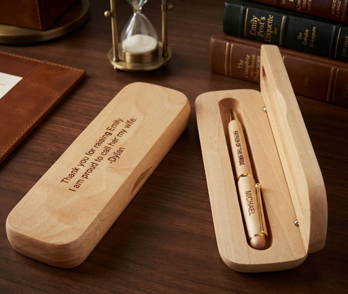 A personalized wooden pen gift set on a dark wood desk, featuring a matching engraved wooden case with a gold pen inside.