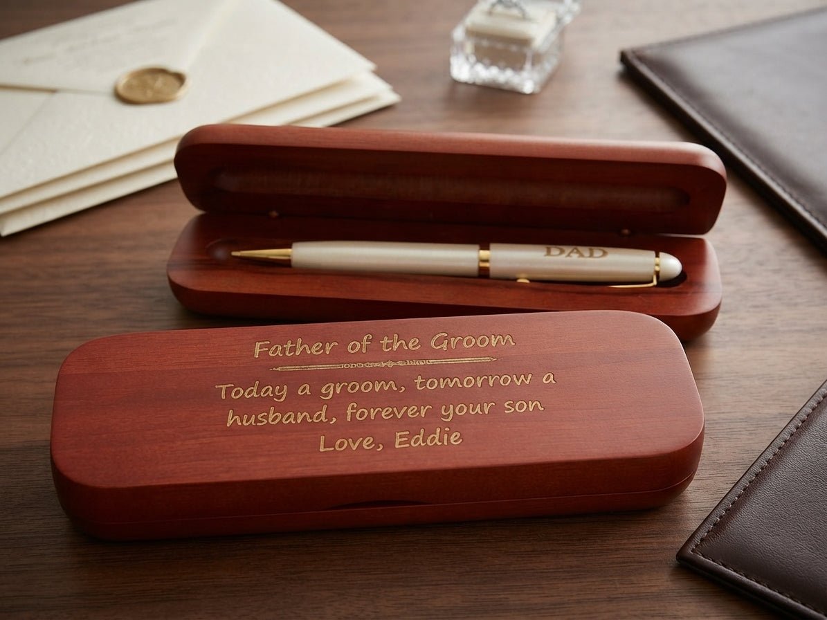 Personalized wooden keepsake box set with a white and gold pen, displayed on a wooden desk with wedding-themed stationery in the background.