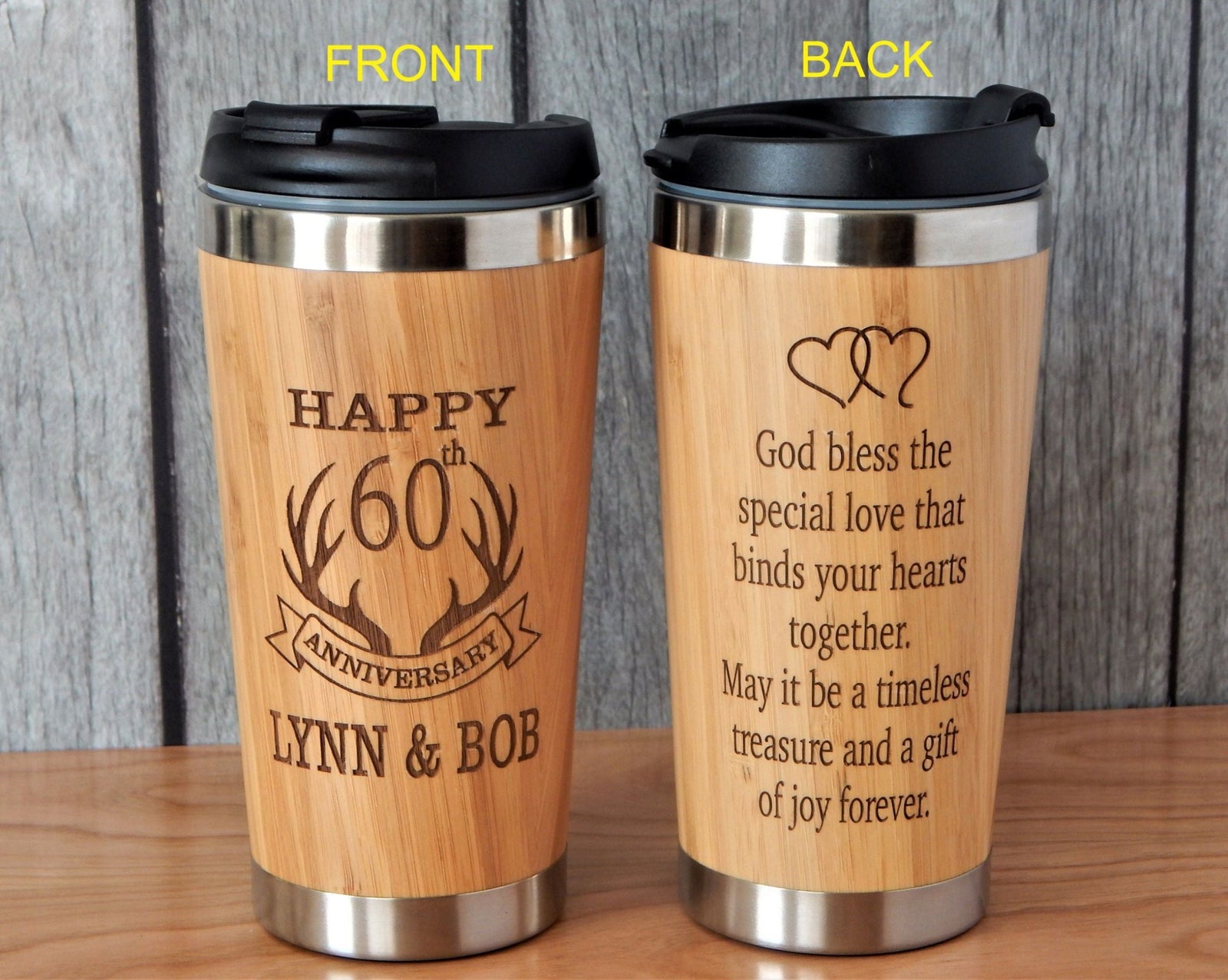 60th Wedding Anniversary Gift for Couple | Personalized Travel Coffee Mugs