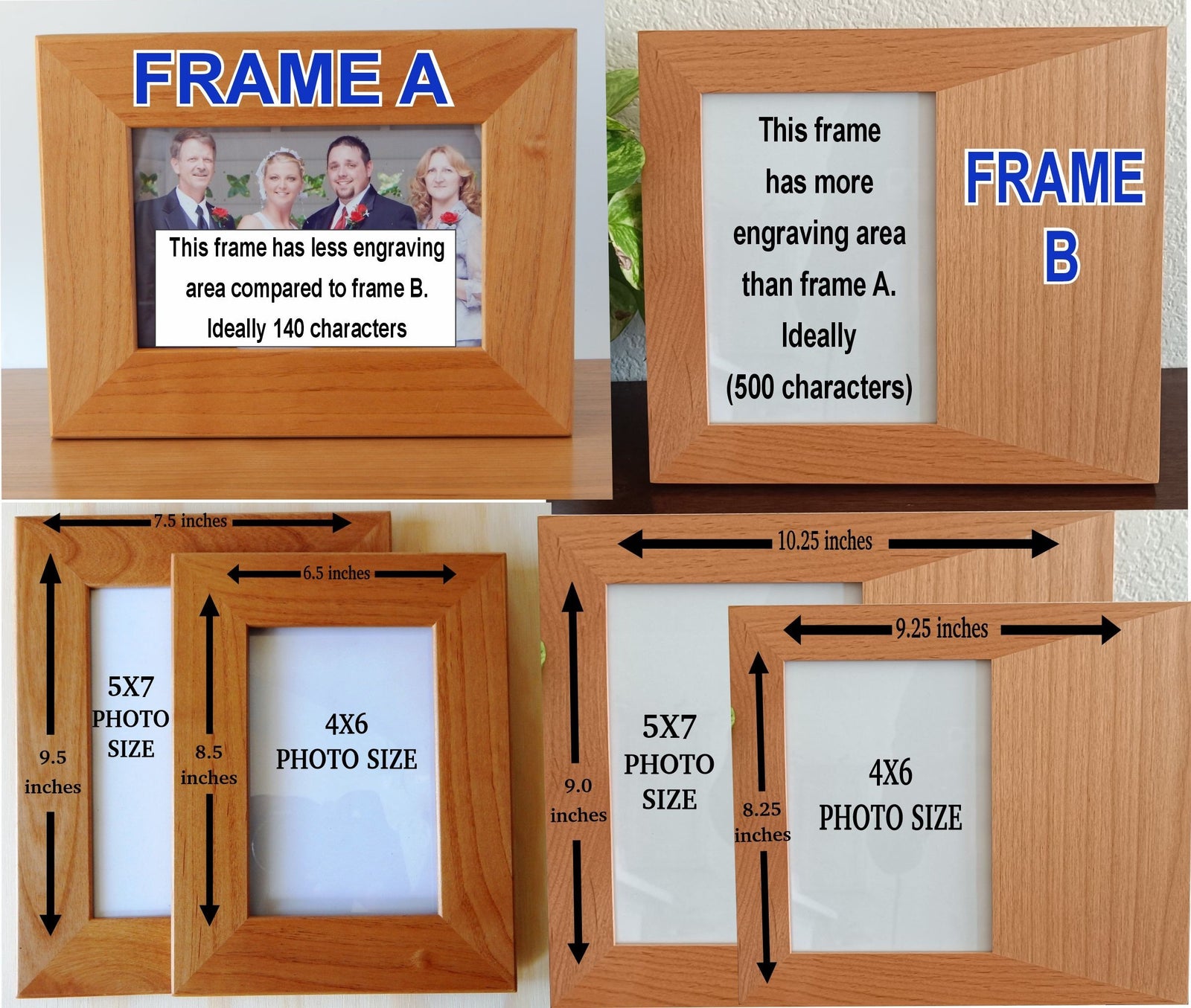 A collage showing two wooden picture frames labeled Frame A and Frame B, with text comparing engraving area and dimensions for 4x6 and 5x7 photo sizes. The frames are shown on a tabletop against a light wall, with measurement arrows and labels overlaid.