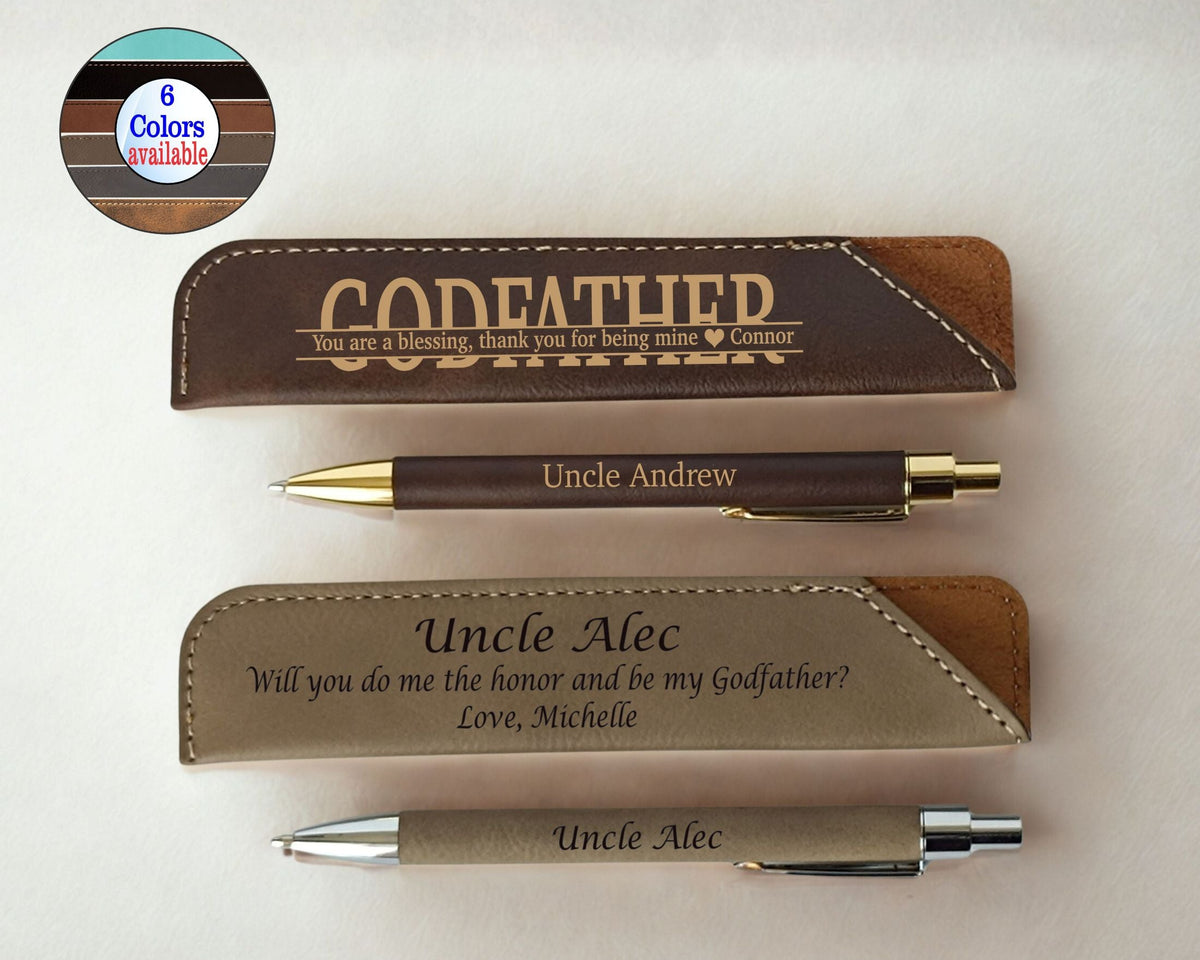Two personalized leather pen sleeves with matching pens displayed on a light background. The top set is dark brown with white stitching and gold-toned pen accents, while the bottom set is tan with white stitching and silver-toned pen accents.