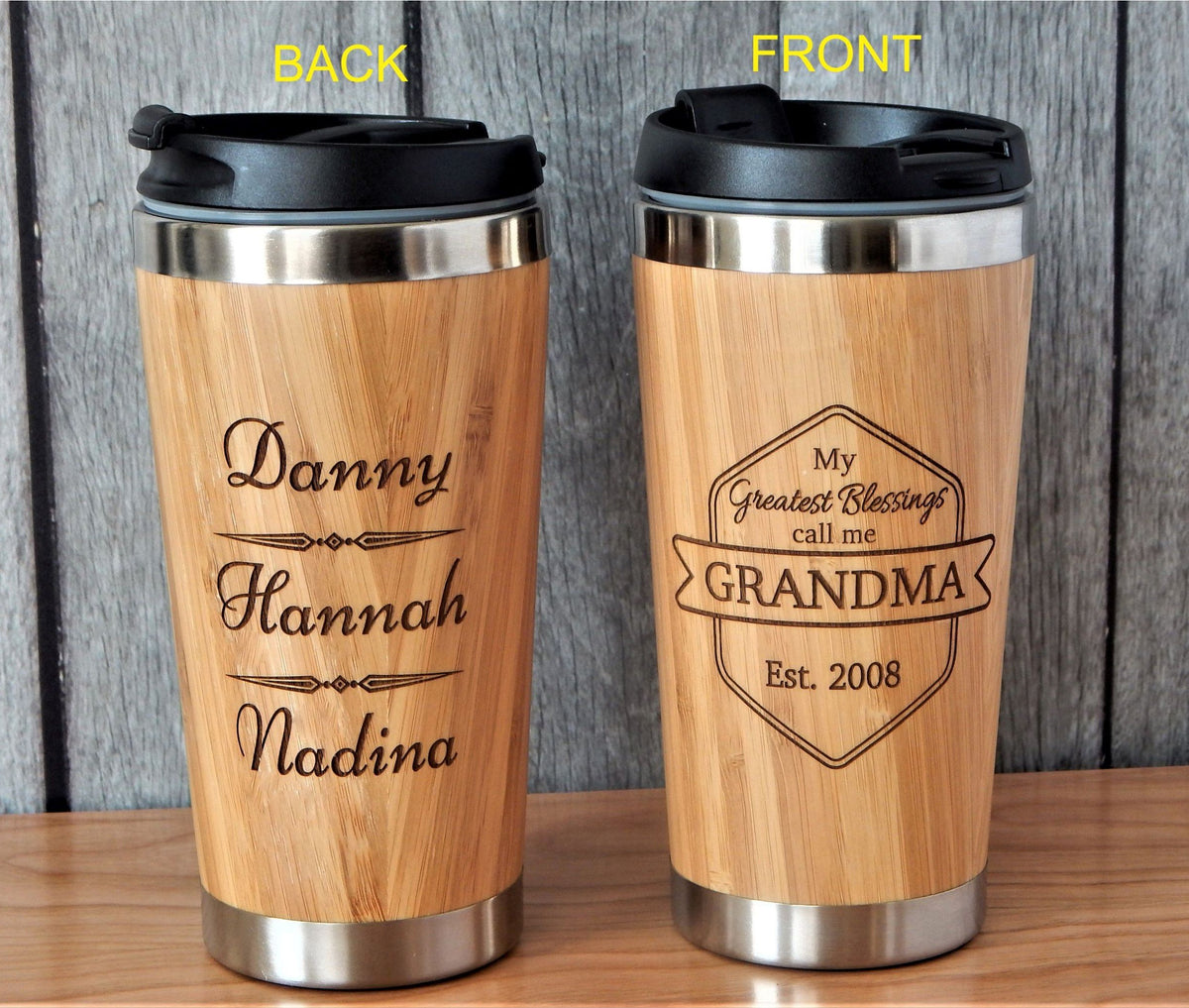 Two engraved bamboo tumbler cups with personalized text, one with 'Front' and the other with 'Back' engraving, showing the front and back sides of the cups with names and dates.