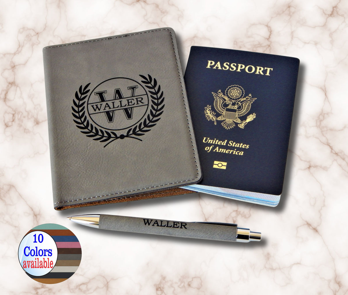 Personalized engraved leather passport holder.