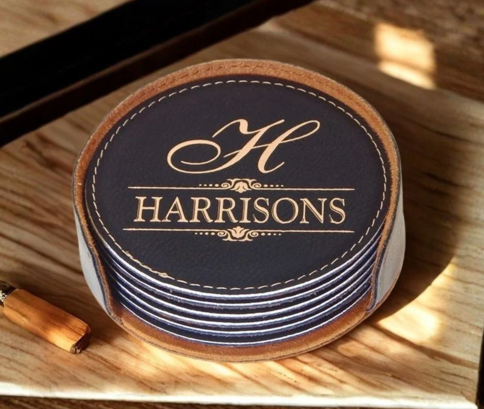 Engraved Leather Coasters | Personalized Family Name Gift, CAS07