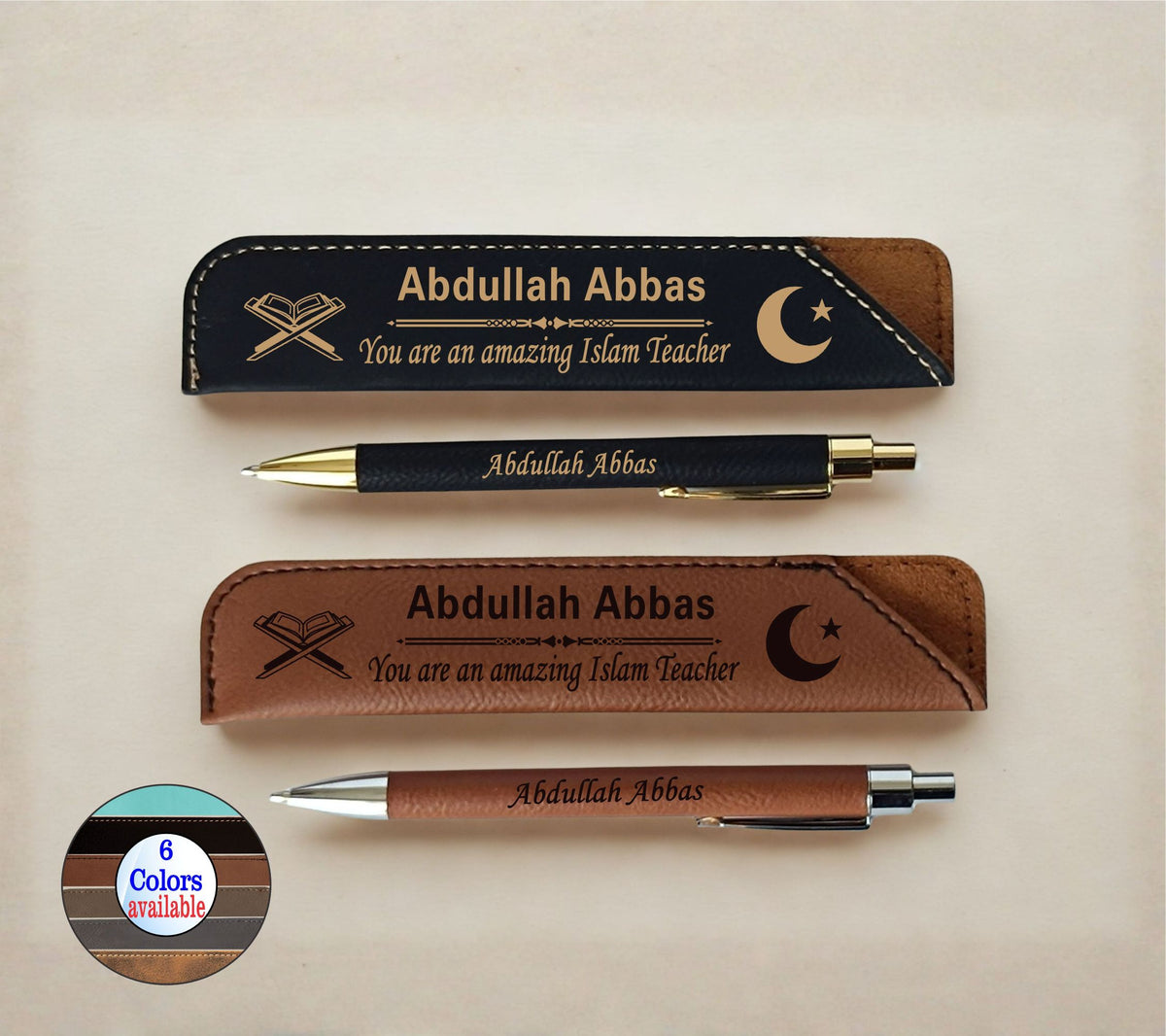 Custom Muslim Leather Pen and Case: Engraved End of Year Gift LPC05