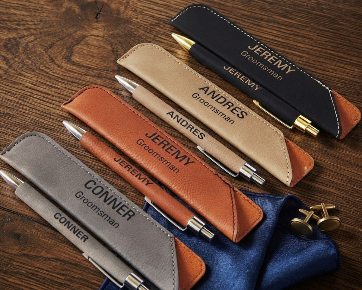 Personalized leather pen and sleeves gifts for groomsmen and best man.  Engraved with groomsmen's name and their titles.