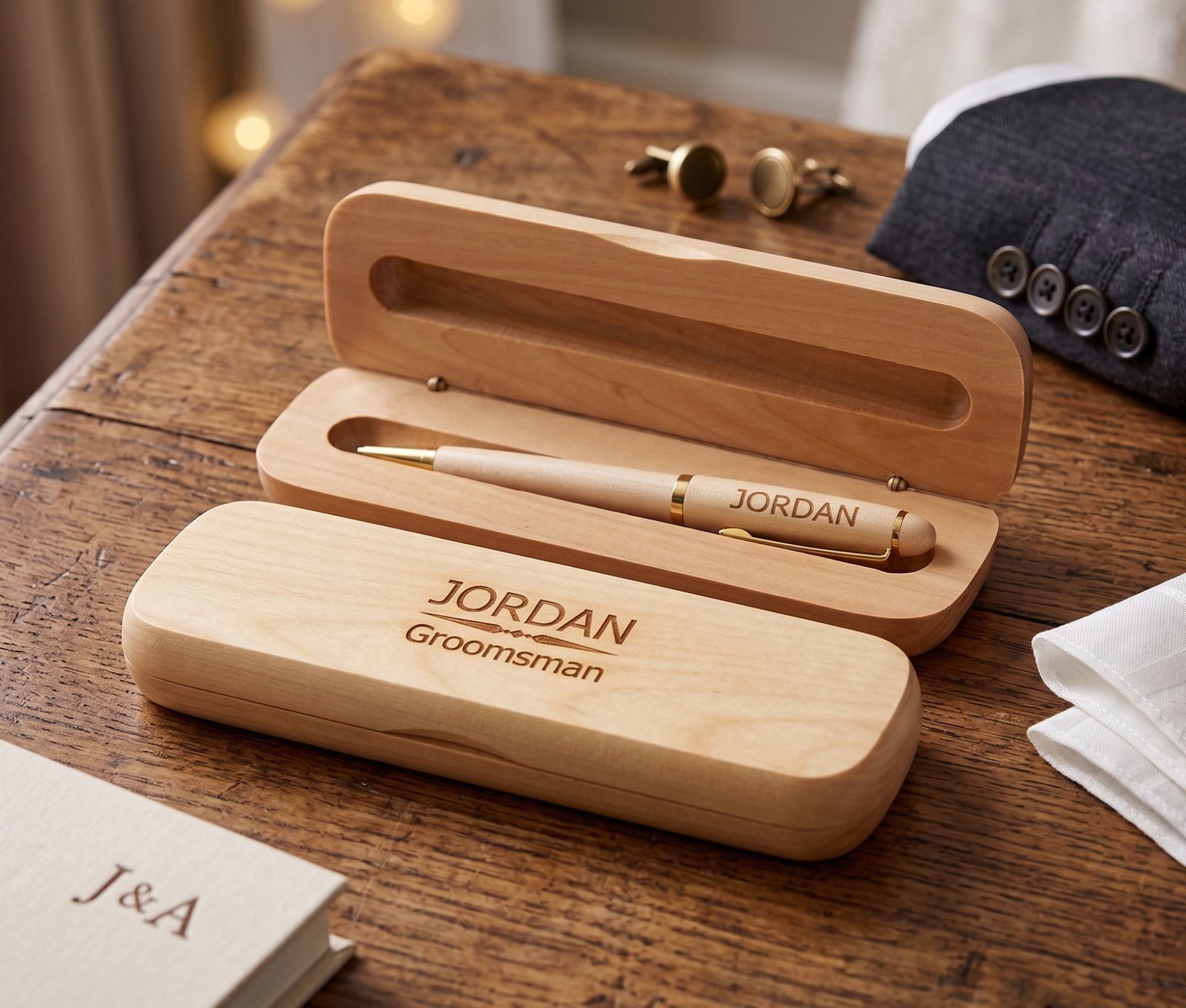 Personalized wooden groomsman pen and matching case set on a rustic wooden table, with cufflinks and a suit jacket in the background.