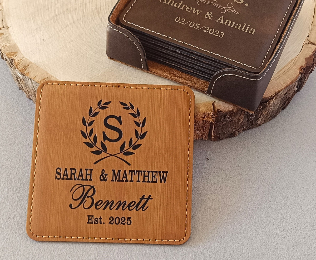 Personalized Leather Coaster Set | Engraved Housewarming Gift for Family CAS27