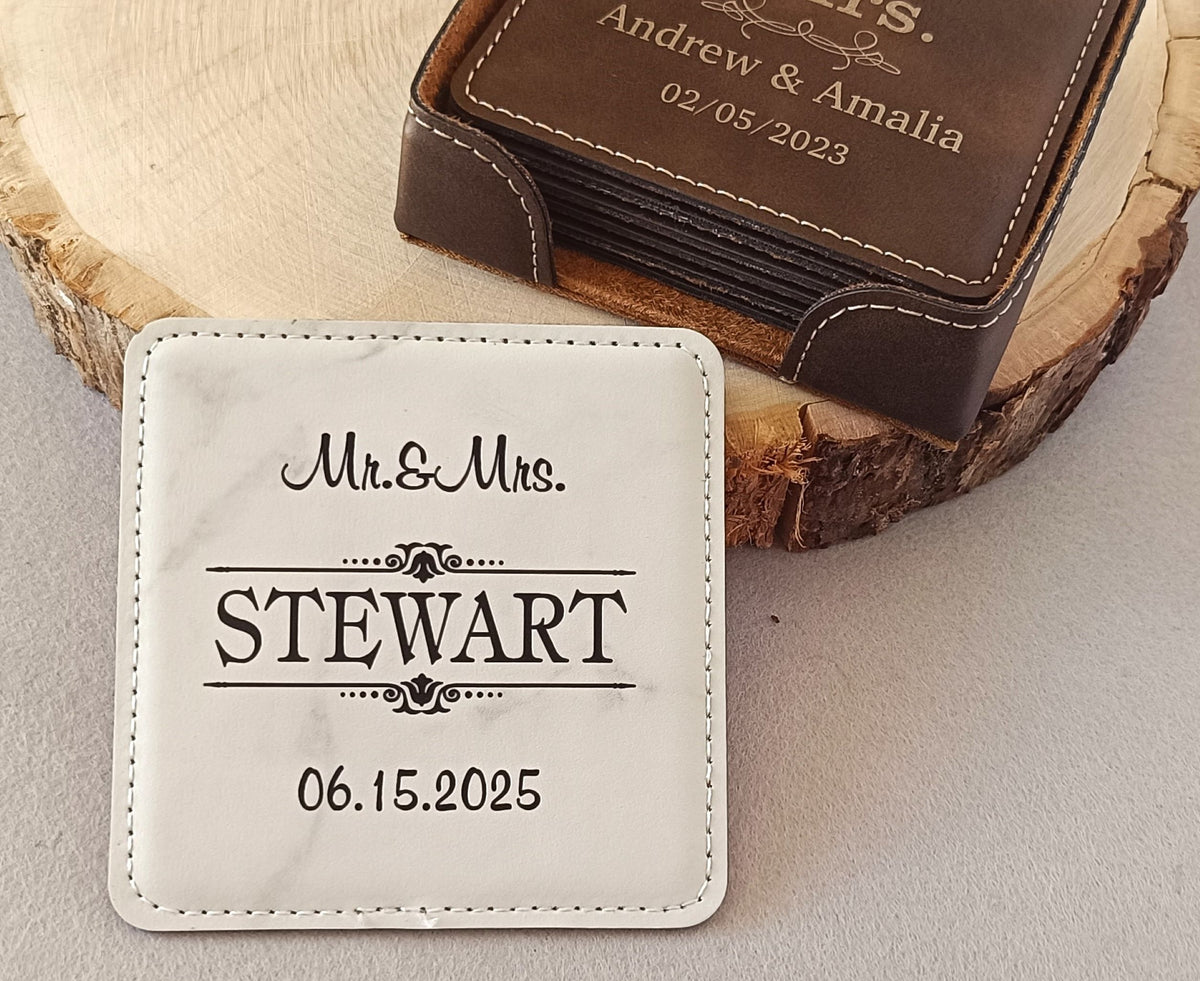 Personalized Leather Coaster Set | Engraved Housewarming Gift for Family CAS27