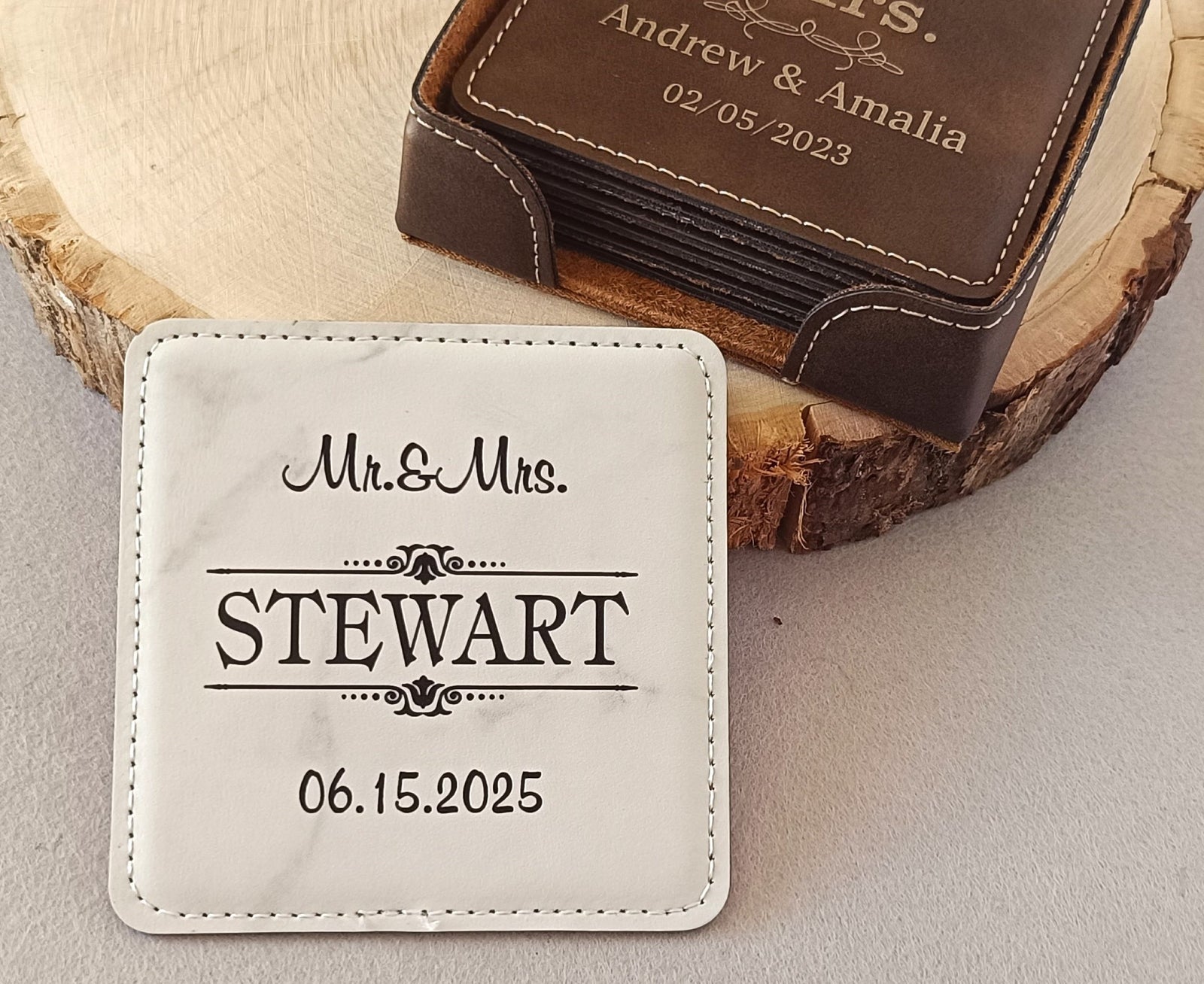 Personalized Leather Coaster Set | Engraved Housewarming Gift for Family CAS27