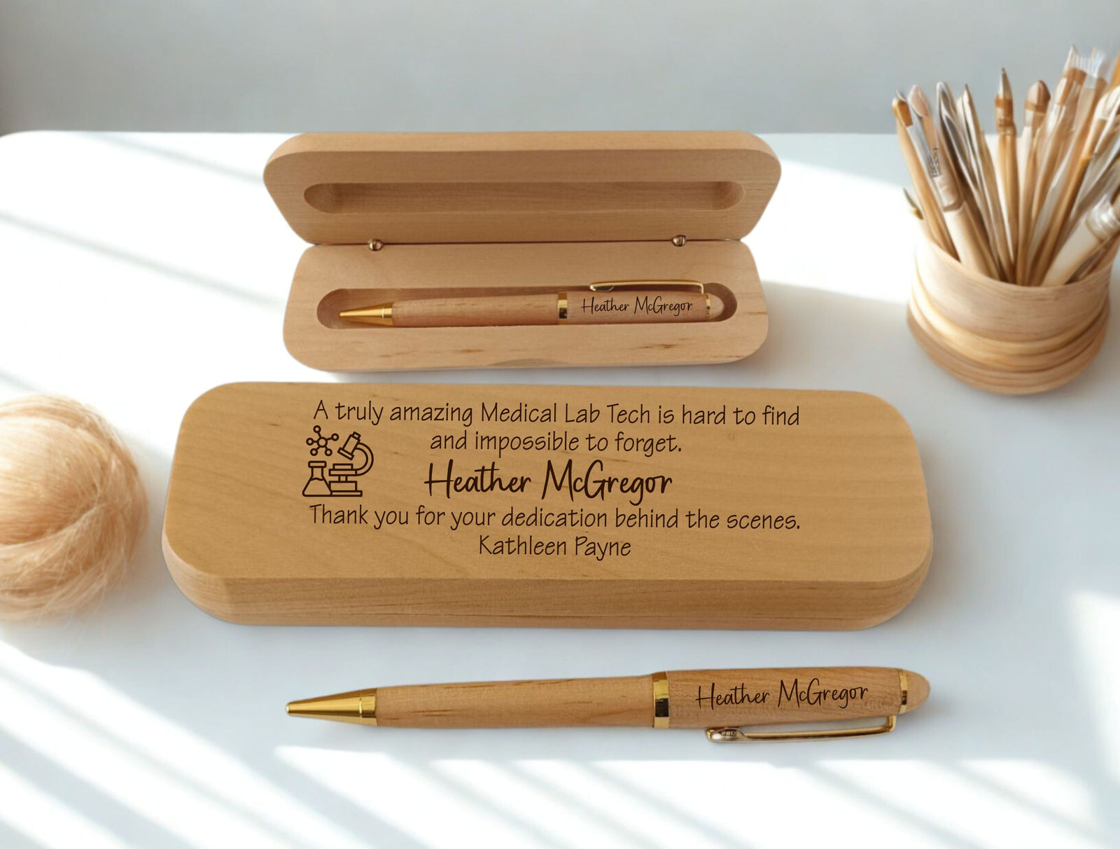 Personalized engraved maple wood pen and gift case set for medical laboratory technician, featuring custom name and appreciation message with lab science icons