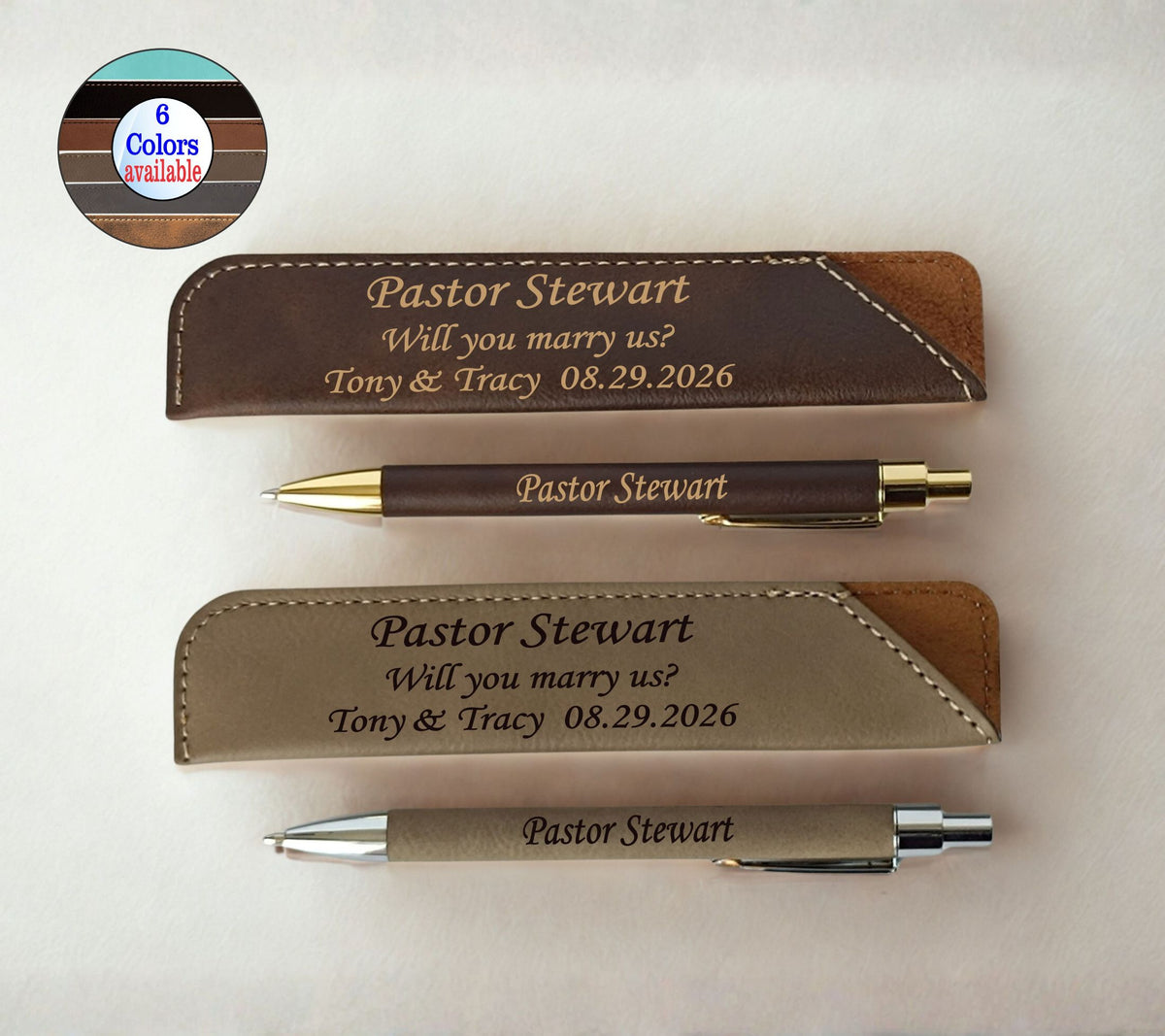 Personalized leather pen cases in two colors (dark brown and beige) with matching pens, engraved with the name 'Pastor Stewart' and wedding details. A circular badge in the top left corner indicates '8 Colors available'.