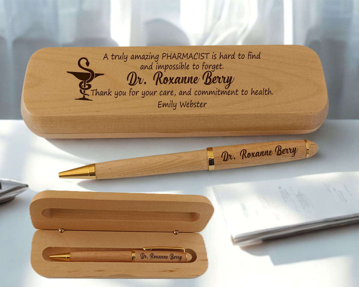 Personalized engraved maple and rosewood wooden pen with matching gift case for pharmacist, doctor, or nurse — custom name engraving, premium ballpoint, gift-ready presentation