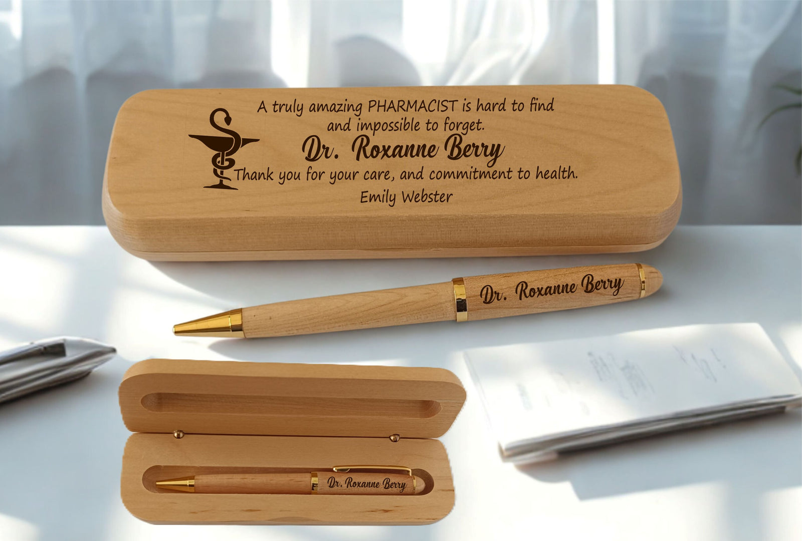 Personalized engraved maple and rosewood wooden pen with matching gift case for pharmacist, doctor, or nurse — custom name engraving, premium ballpoint, gift-ready presentation