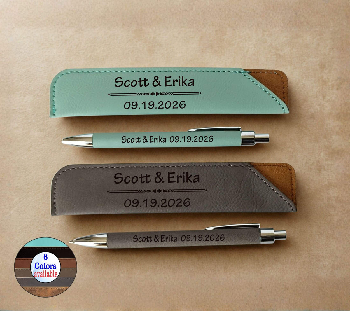 Two personalized leather pen sleeves with matching pens on a tan background. The top set is mint green and brown, and the bottom set is dark gray and brown.