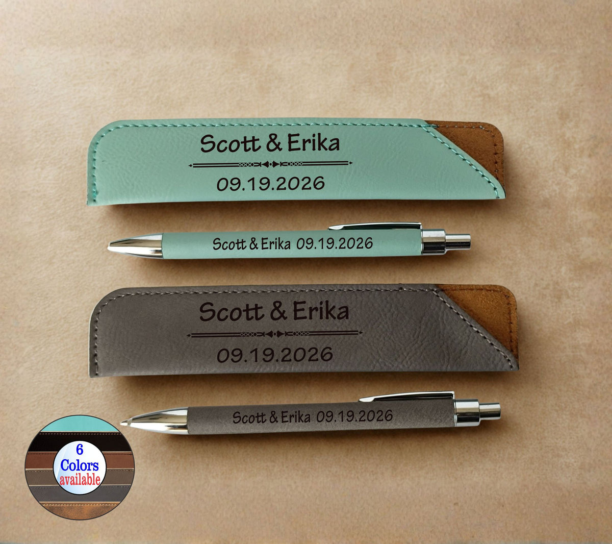 Personalized engraved leather pen with a matching sleeve. The top set is teal and the bottom set is dark gray.
