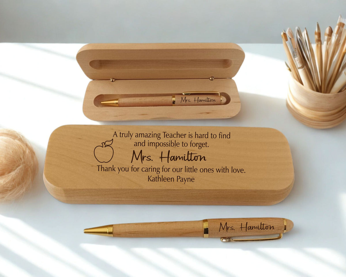 Personalized engraved maple wooden pen and gift case set for teacher, laser-engraved with name  and custom appreciation message, displayed open and closed on white surface