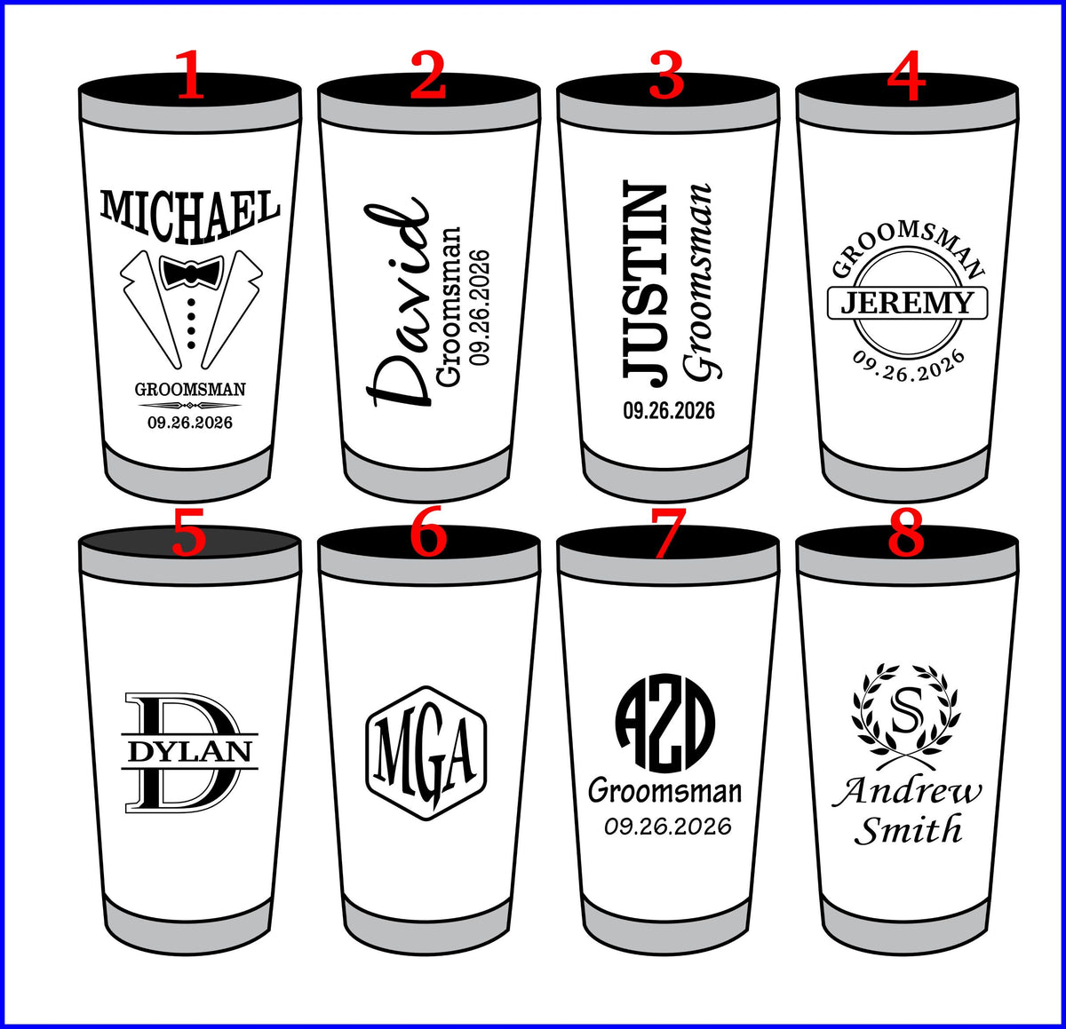 Eight custom printed groomsman pint glasses arranged in a 2x4 grid on a white background with a blue border. Each cup is labeled with a red number from 1 to 8.