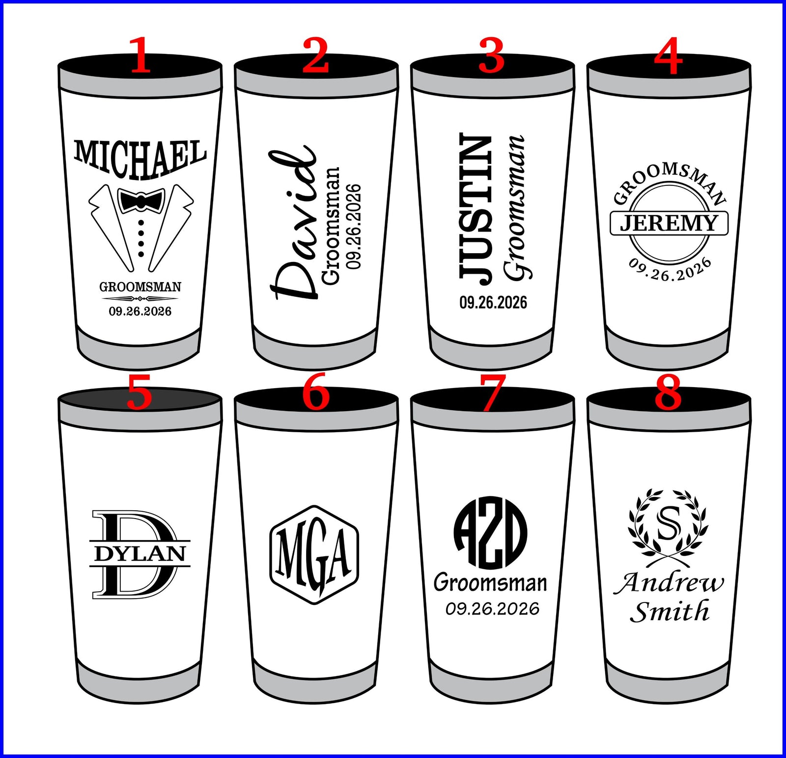 Eight custom printed groomsman pint glasses arranged in a 2x4 grid on a white background with a blue border. Each cup is labeled with a red number from 1 to 8.